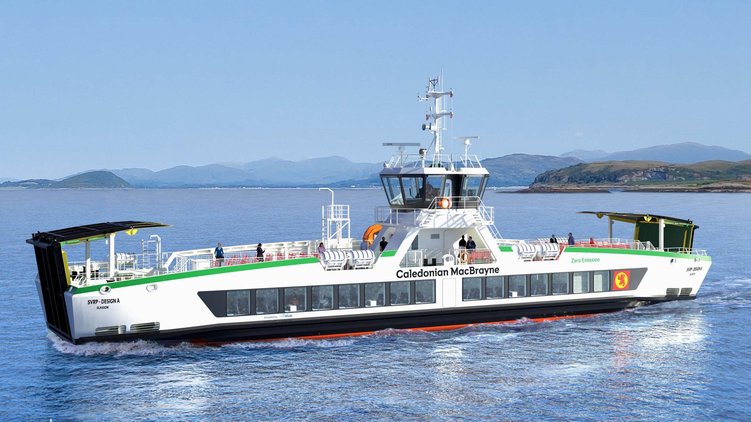 A small double ended ferry with a wheelhouse in the centre. It is black and white with words and logo of Caledonian MacBrayne on the side. 