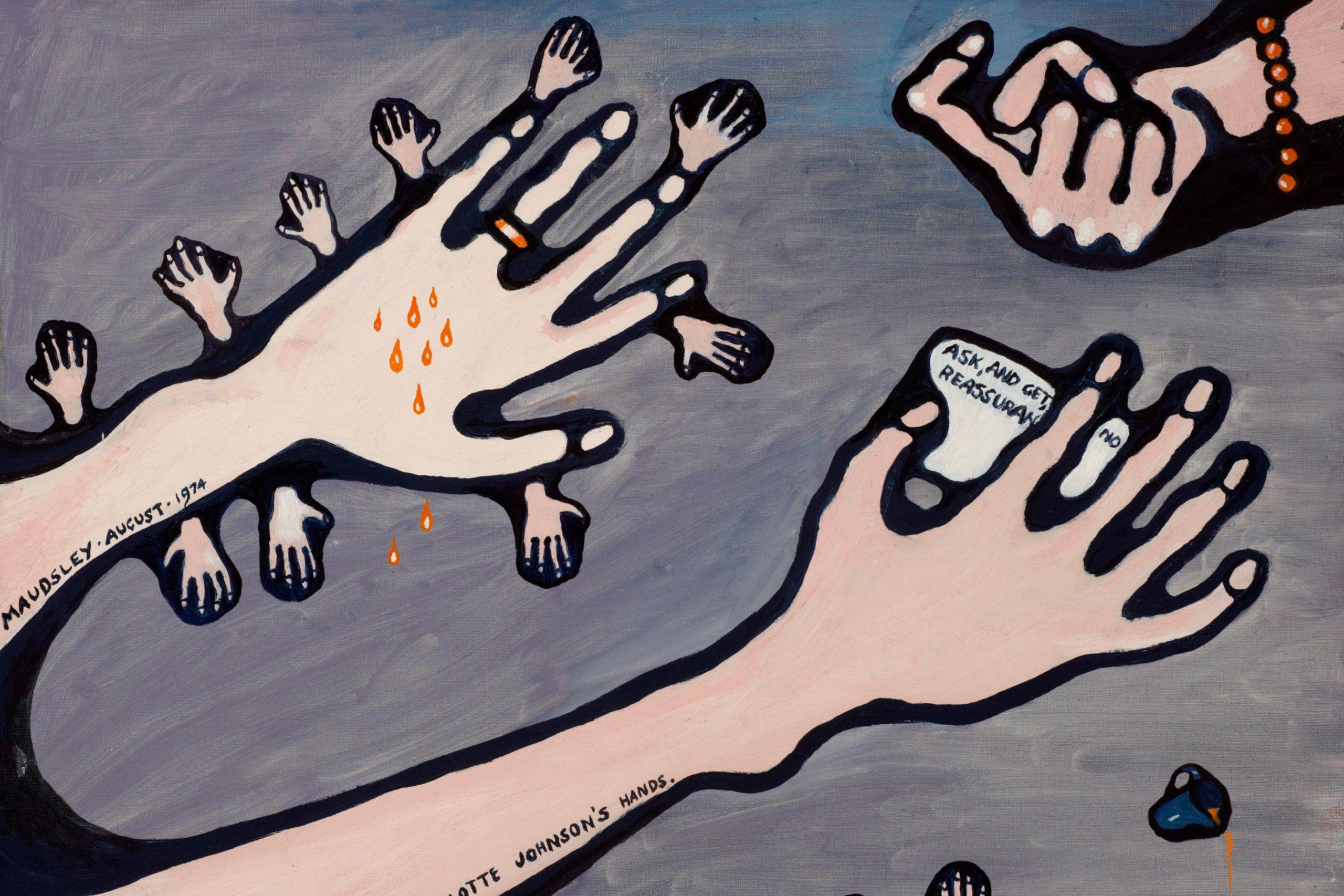 An abstract oil painting of forearms and hands, some dripping with orange liquid, a dropped cup of tea, and a business card with Ask, and Get, No Reassurance 