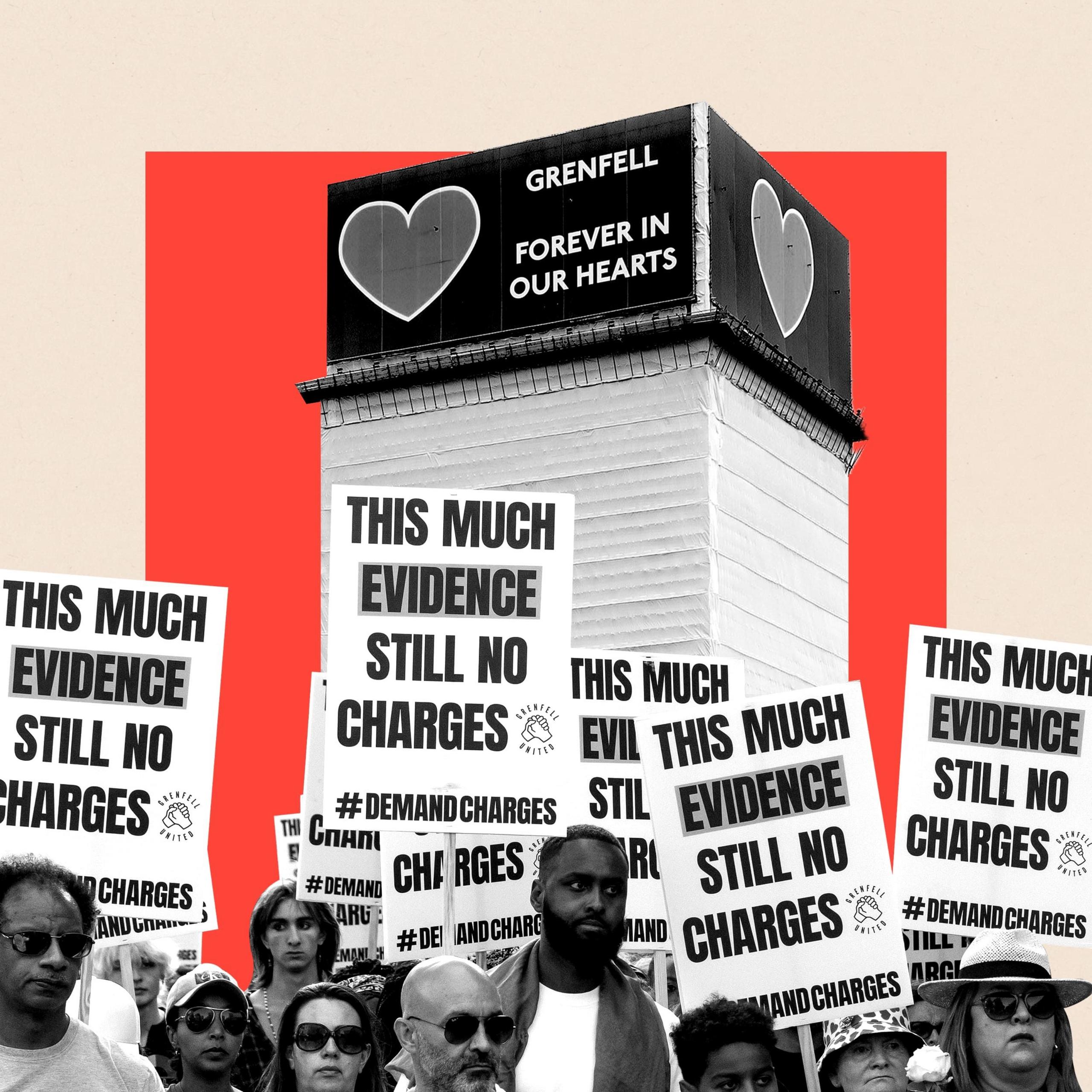 Montage showing Grenfell Tower and protesters carrying placards