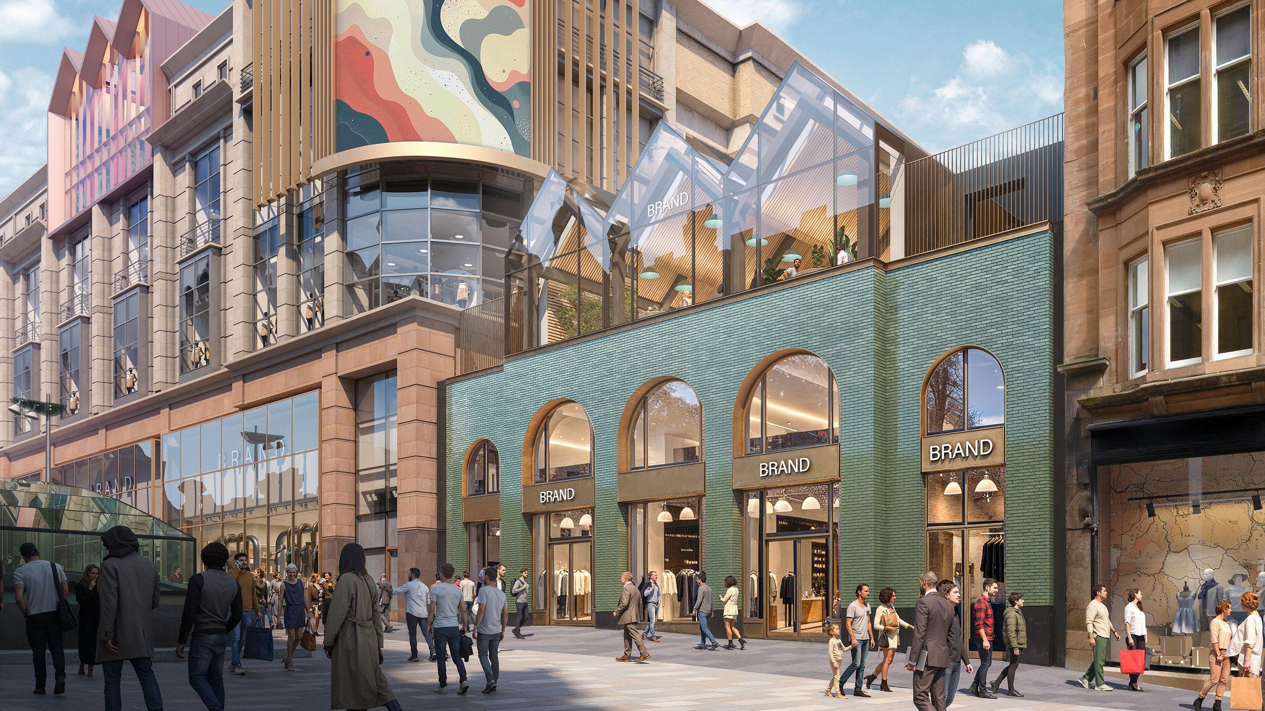 The entrance to a large shopping centre on a city street