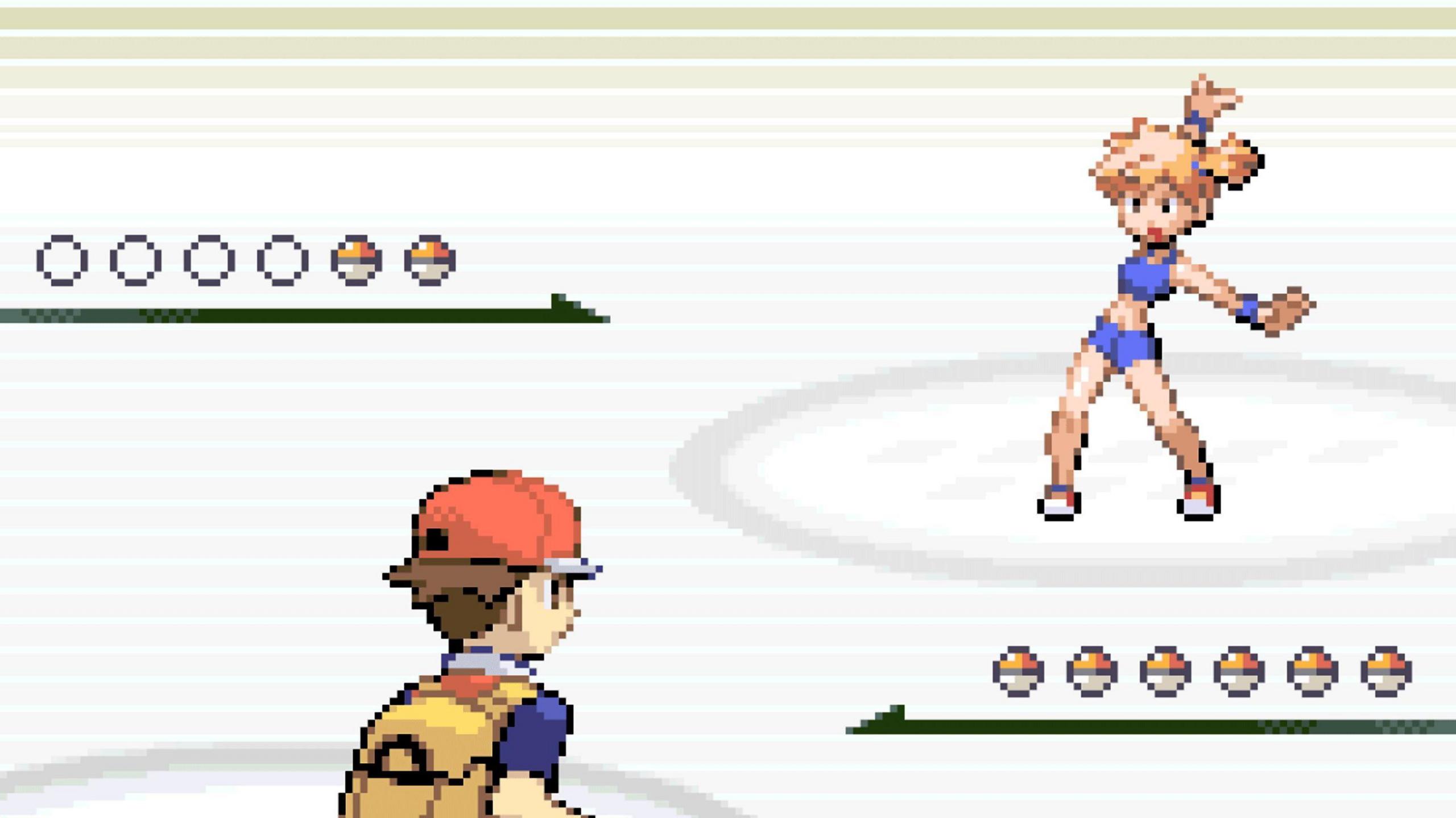 A screenshot from Pokémon Leaf Green and Fire Red shows the main player character, wearing the trademark backwards baseball cap and backpack, facing opponent Misty. A bar next to each competitor shows that the player has six Pokéballs, while Misty has two.