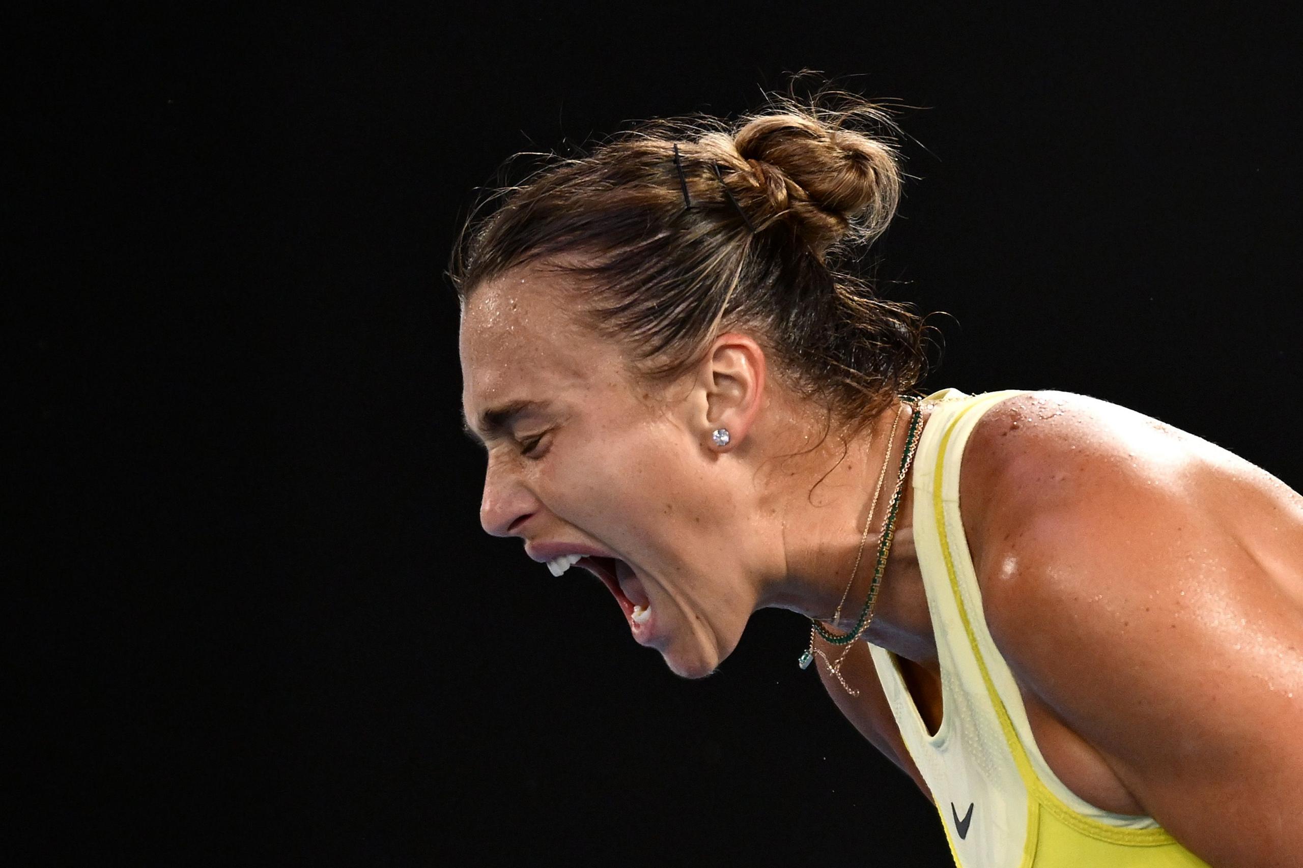 Aryna Sabalenka celebrates a point against Paula Badosa of Spain in the Women's Singles Semifinal during day 12 of the 2025 Australian Open