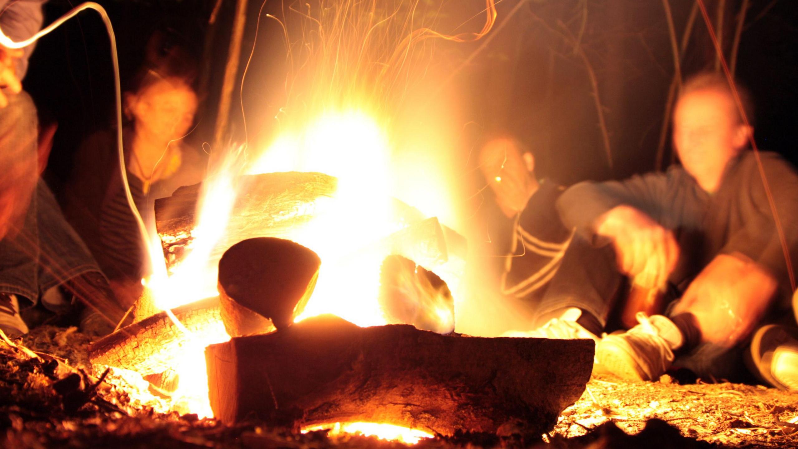 Several people sit around a campfire at night.