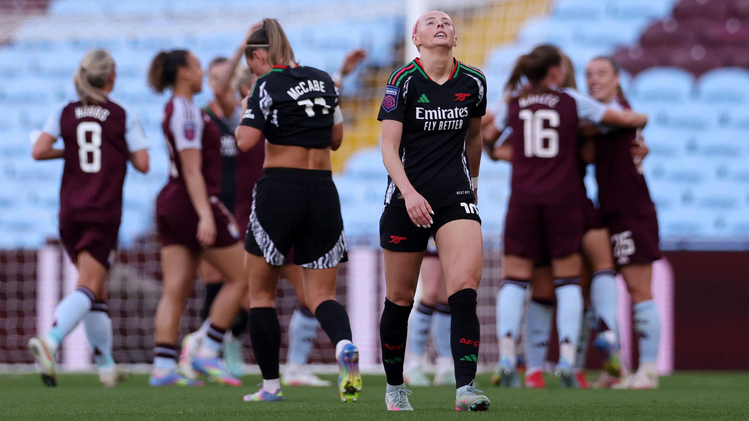 Chloe Kelly of Arsenal looks dejected after Kirsty Hanson of Aston Villa (not pictured) scores her team's second goal