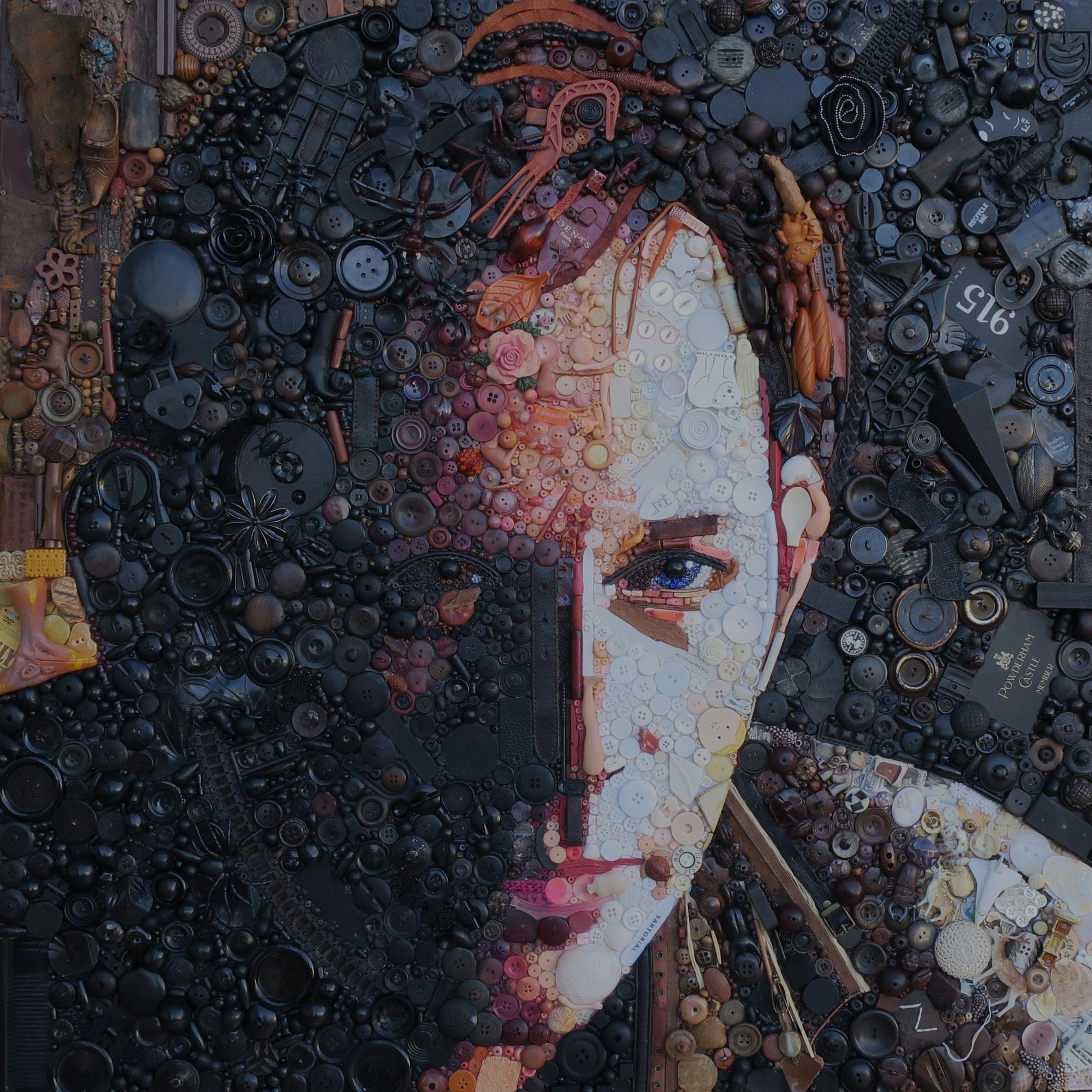 A shadowy picture of Charlie's face is made out of brown and dark coloured items to replicate half of his face being in shade.