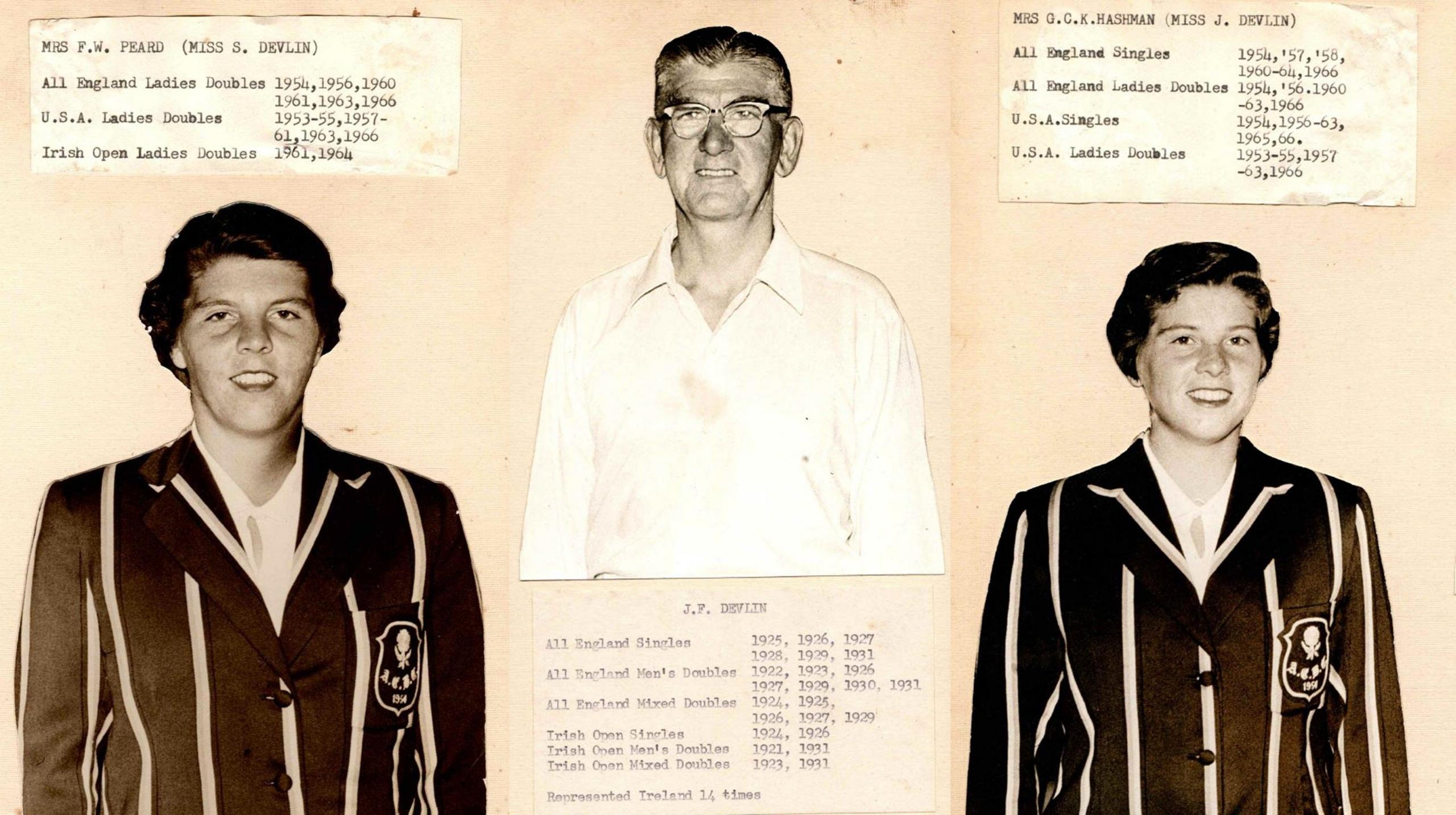 A discoloured browning scan depicts three people. On the left is Pam's mother, who has short wavy hair, wearing a black blazer with white stripes. On it is a crest representing her club. In the middle is Pam's grandfather, with shorn greying hair and heavy lensed glasses, wearing a white open collar shirt. To the right is her aunt, Who is dressed and looks similar Pam's mother, only younger. Each is depicted alongside their many championship wins.