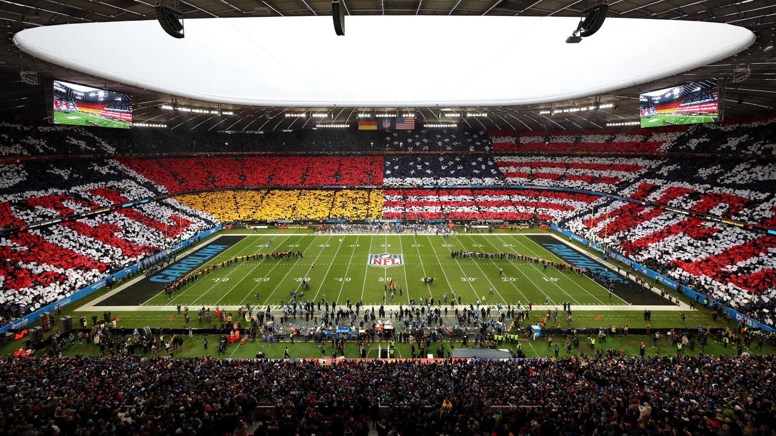 The Allianz Arena in Munich displays Germany and USA flags ahead of the NFL game between the Panthers and Giants