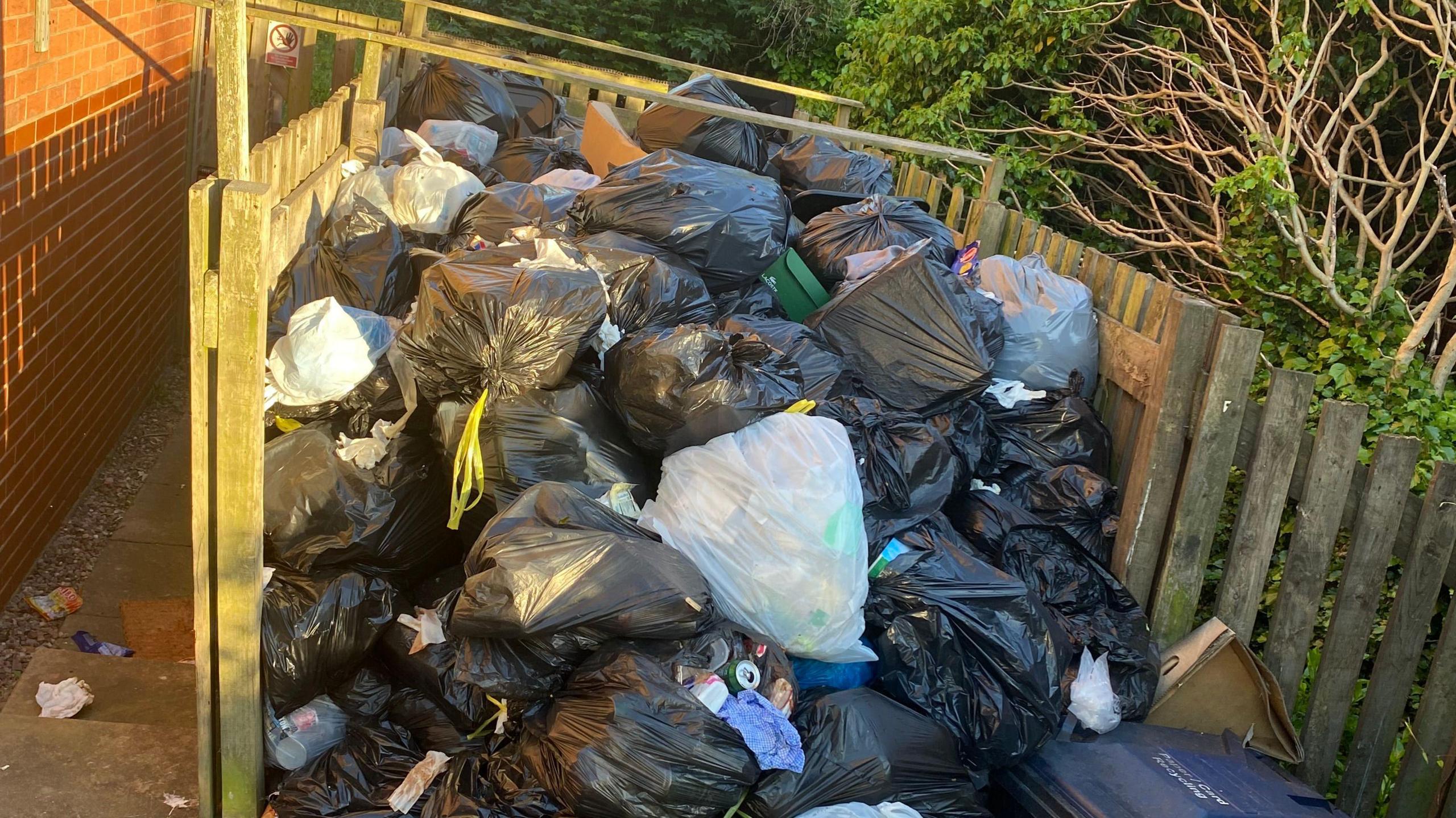 A huge pile of rubbish at a bin store. Bags are completely overflowing and falling out. We can see some have been torn open revealing cans and food. It is a sunny day.