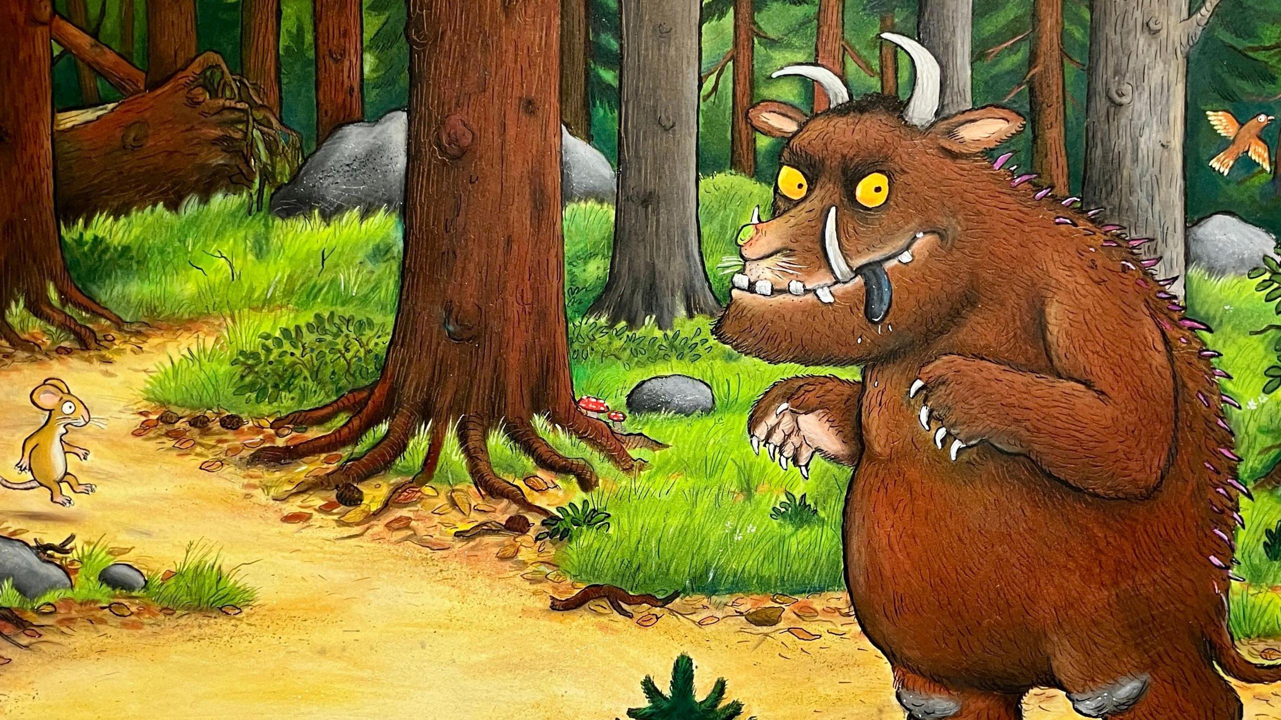 An illustrated mouse and bear-like monster meet each other in a wood