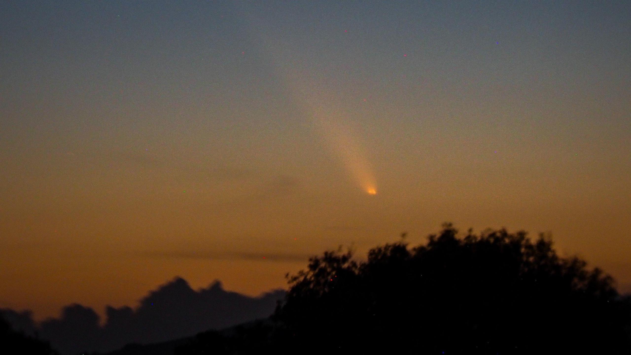 An orange sky with a small comet near the centre of the image. There is an dark shadow of a row of trees at the bottom of the image. 