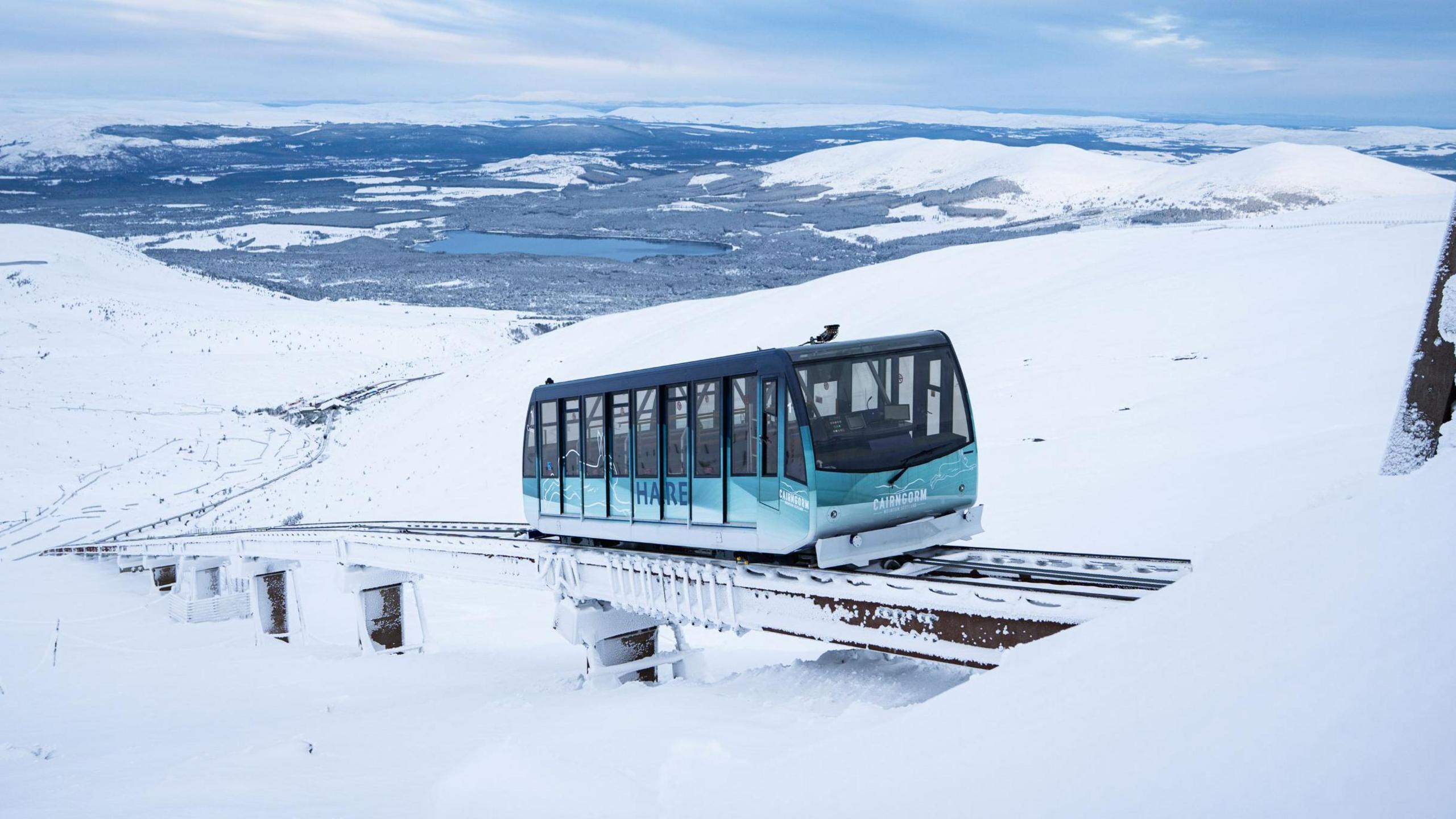Cairngorm Mountain's funicular railway in snow on Friday.