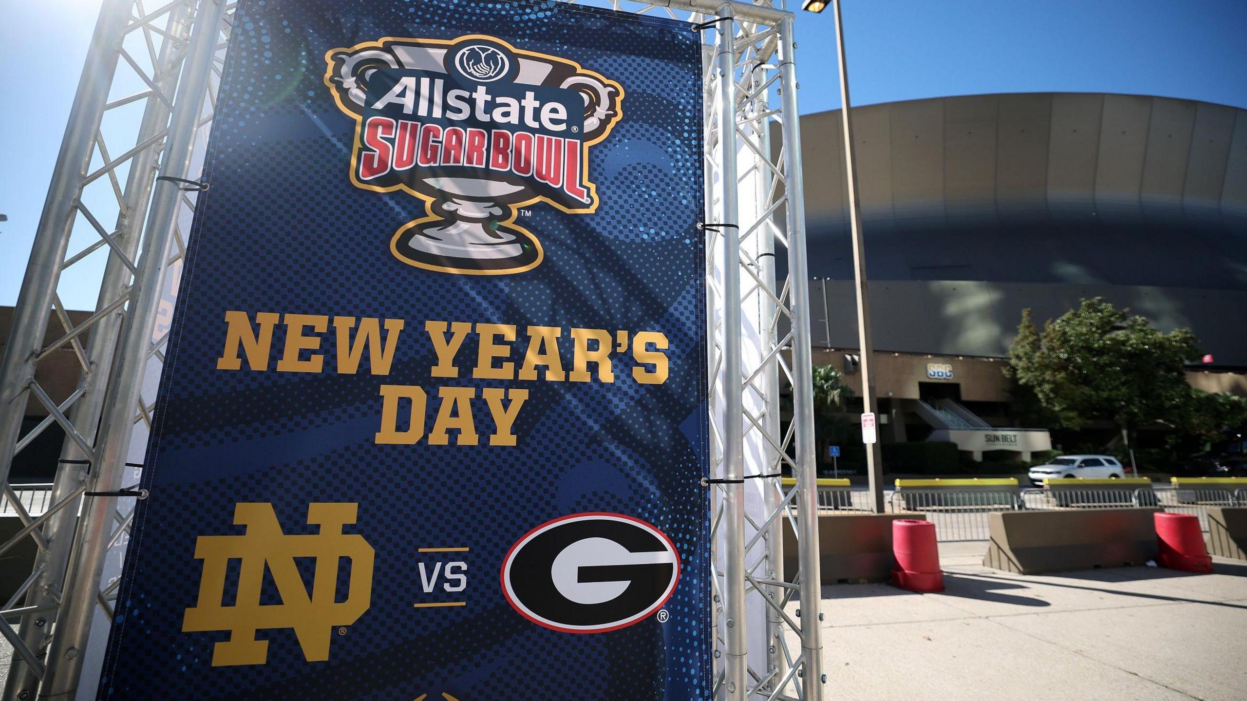 A sign for the Sugar Bowl between Georgia and Notre Dame outside the Louisiana Superdome