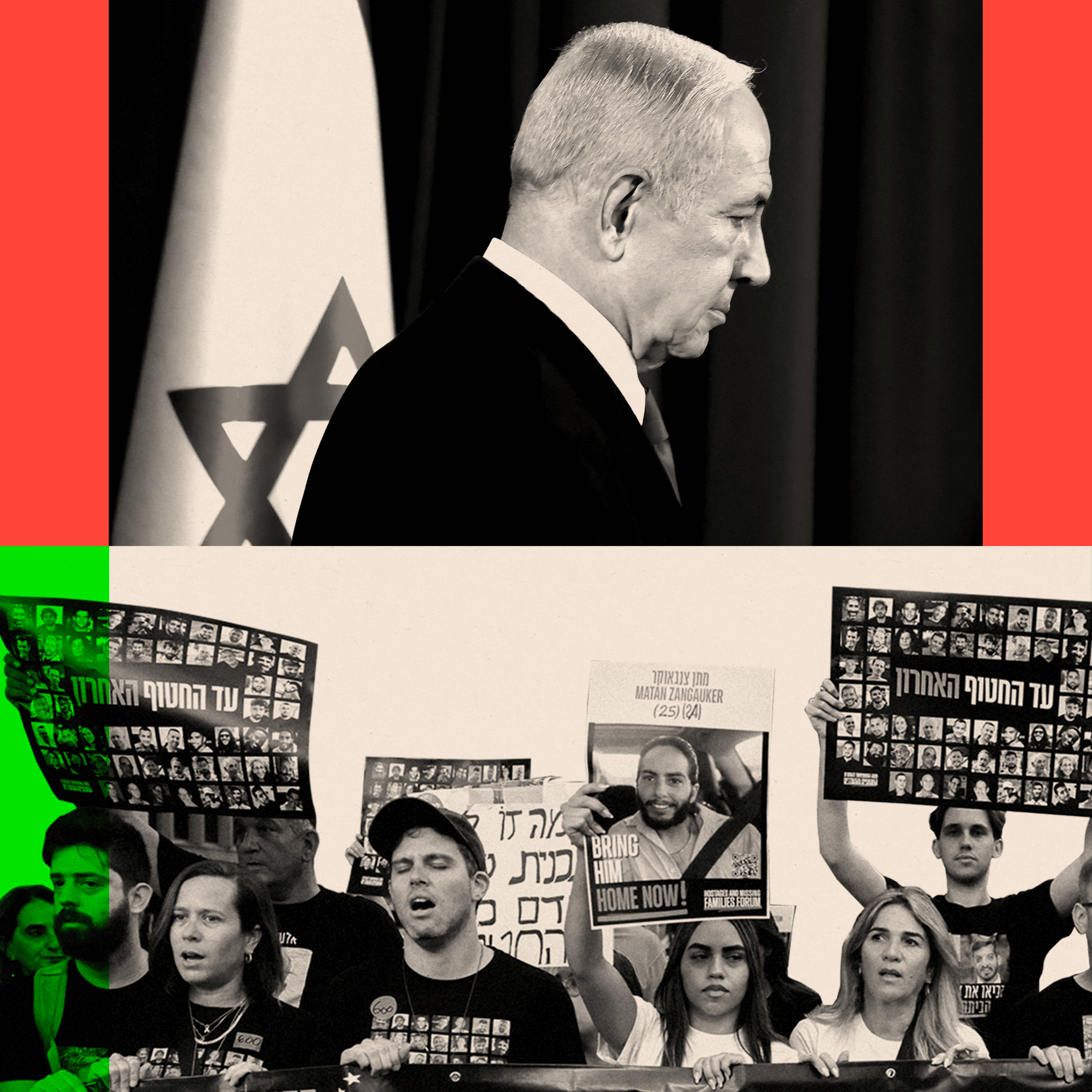 Two images: Benjamin Netanyahu on the top and on the bottom, relatives and supporters of Israeli hostages held captive hold their portraits during a protest in Tel Aviv 