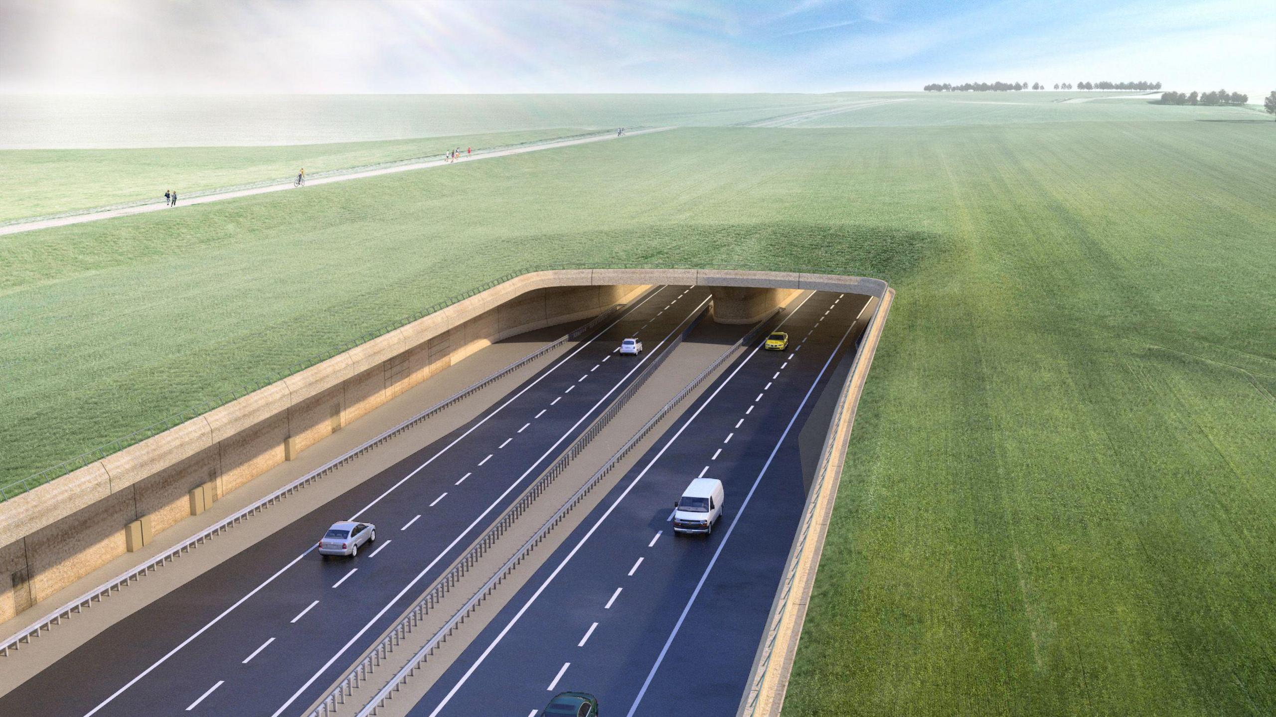 Visualisation of the proposed A303 Tunnel West portal approach, released as part of the A303 Stonehenge project. The image shows a green field with a large tunnel cut into it, with two lanes of traffic on each side. 