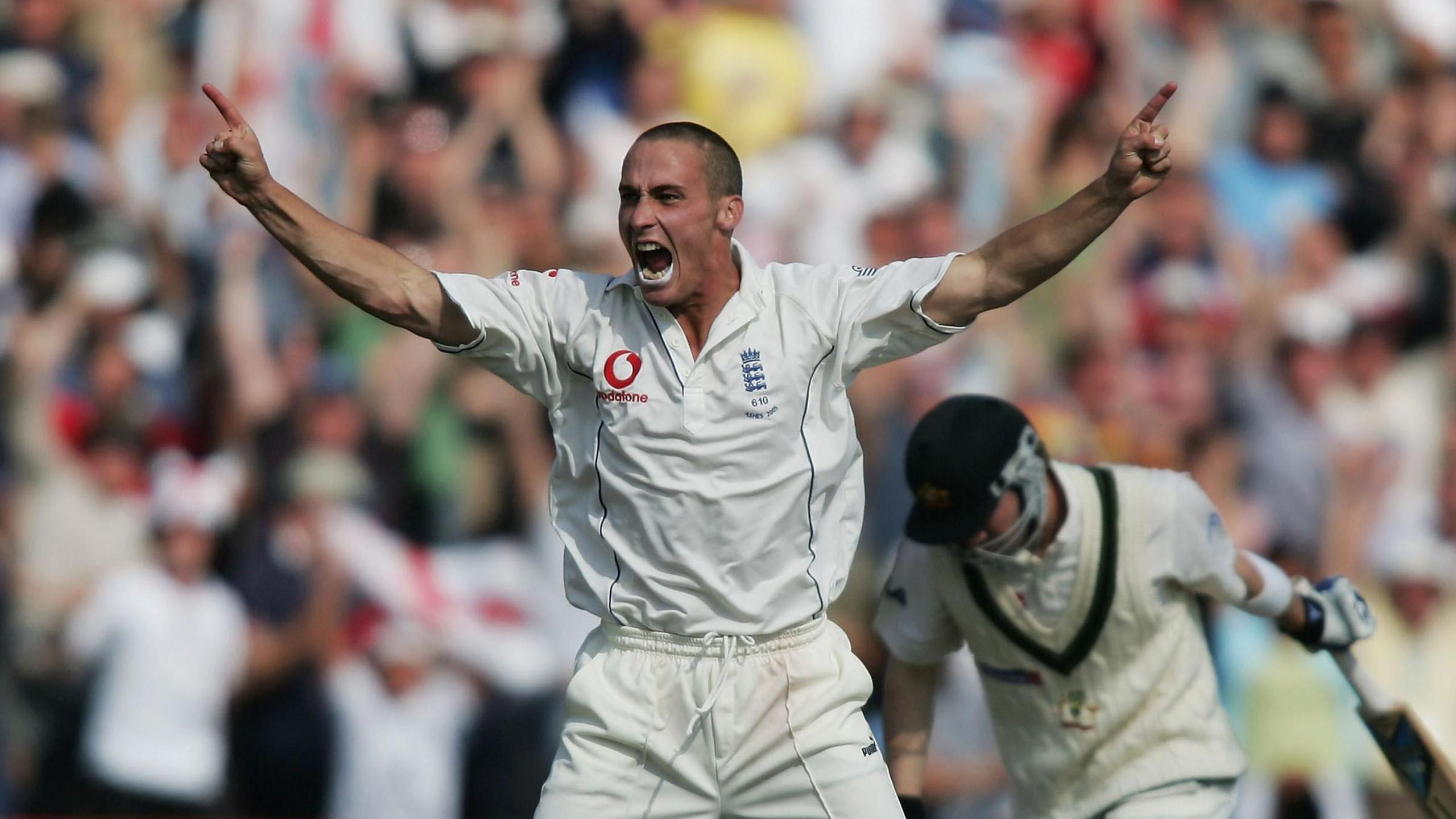 Simon Jones celebrates against Australia in the 2005 Ashes