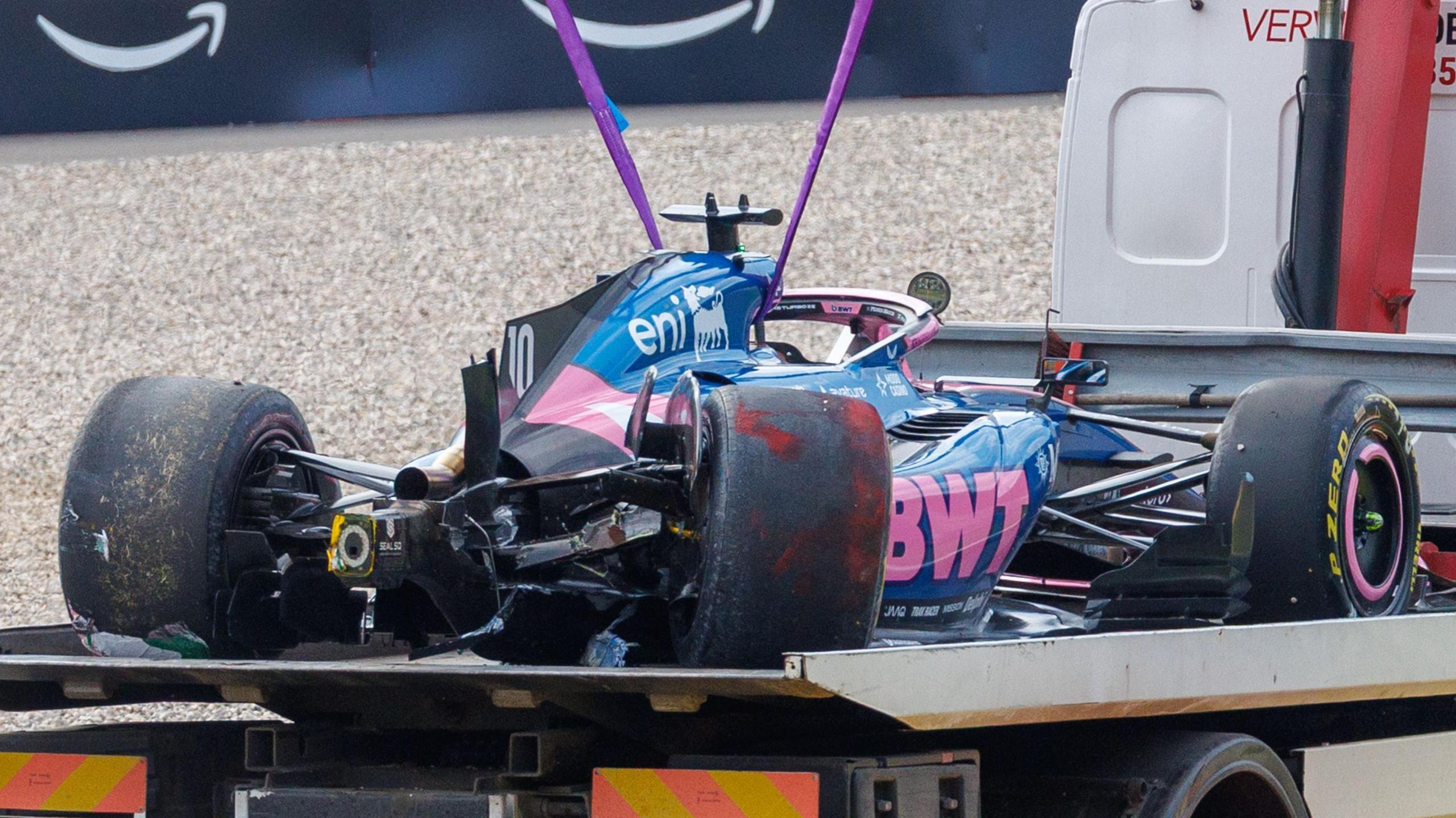 Pierre Gasly's car is taken away after crashing heavily in second practice 