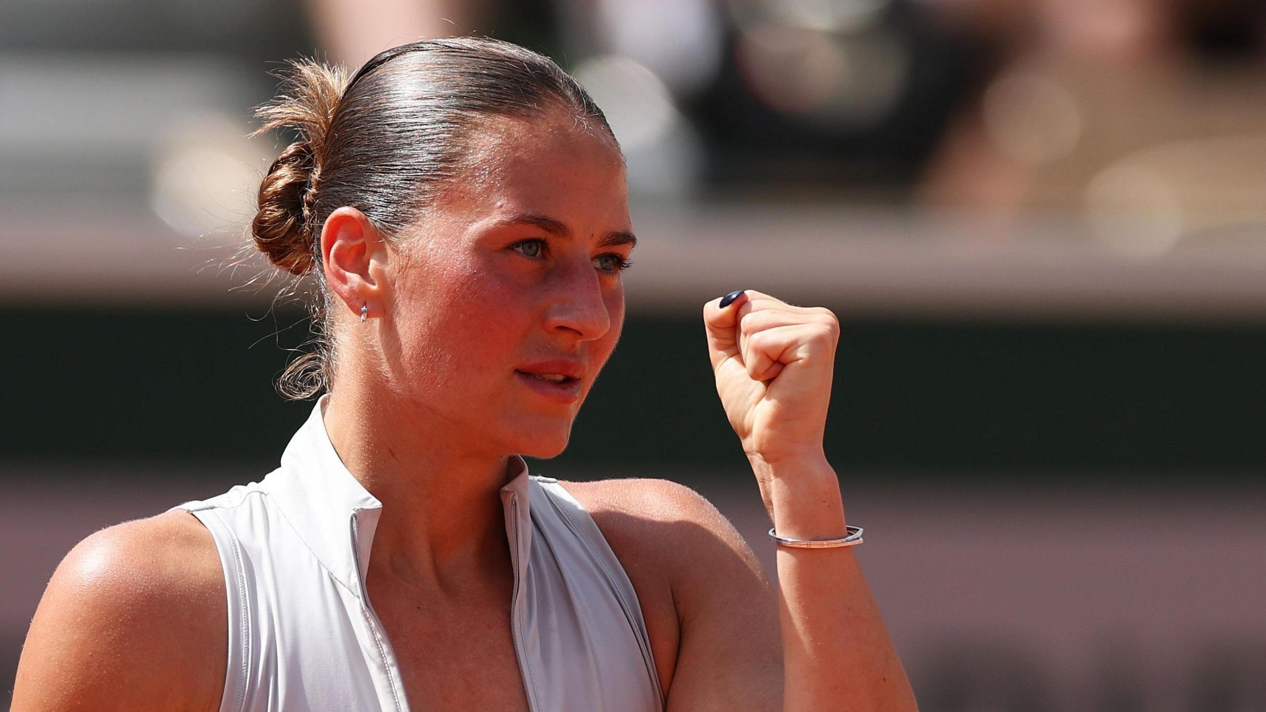 Marta Kostyuk reacts during her first-round win at the 2026 French Open