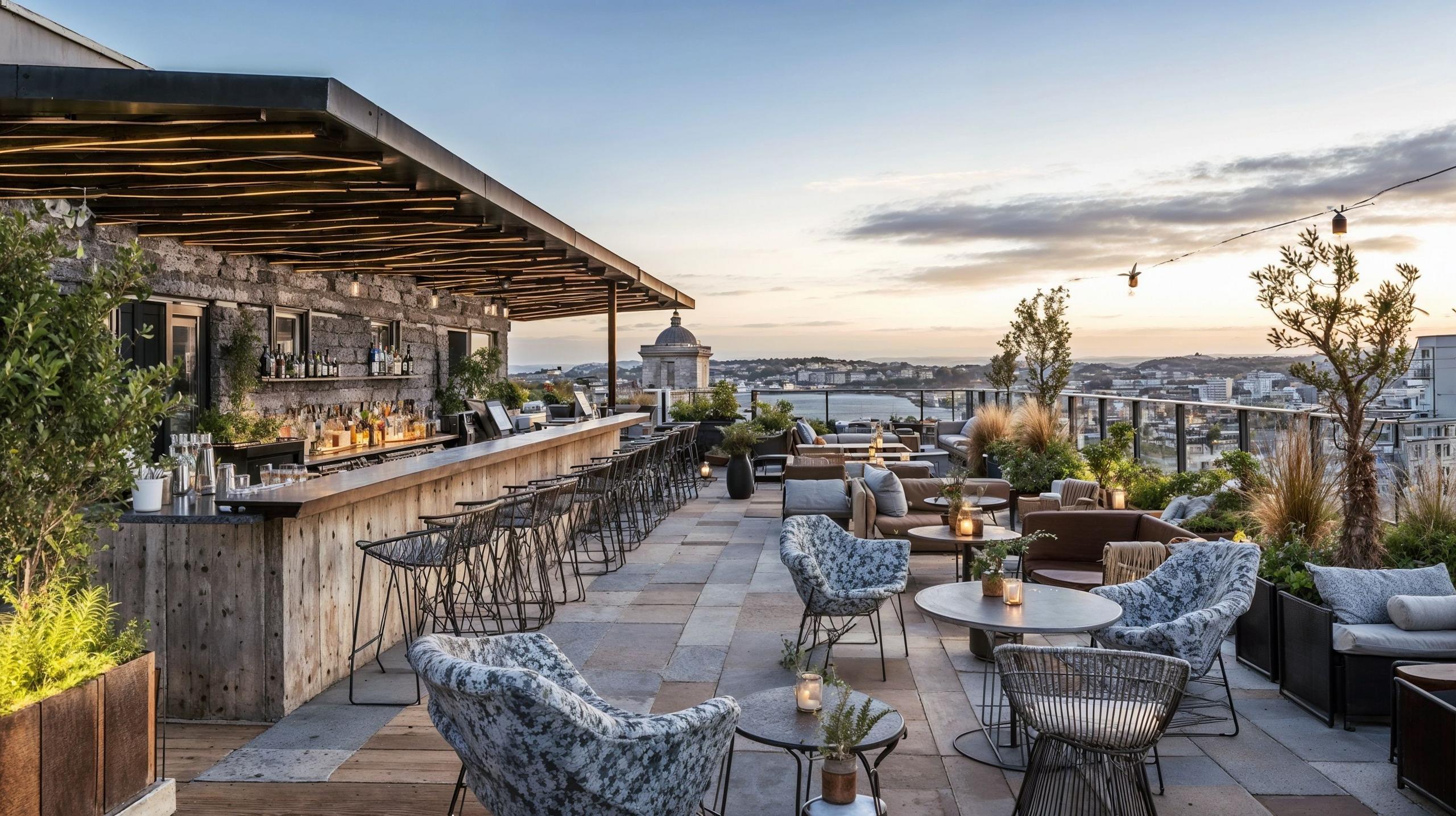 A rooftop bar with a terrace. Evening sky in the background.
