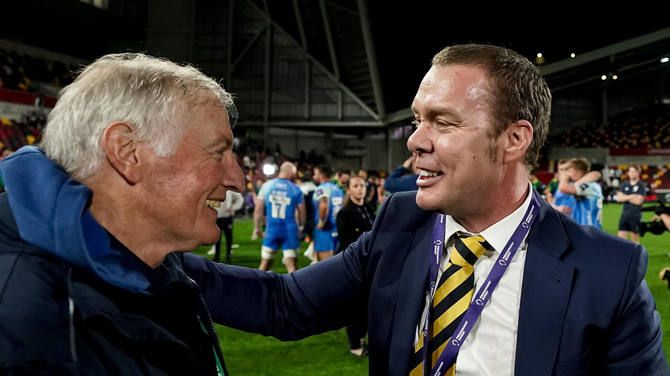 Jason Whittingham celebrates during Worcester Warriors' Premiership Rugby Cup win in May 2022