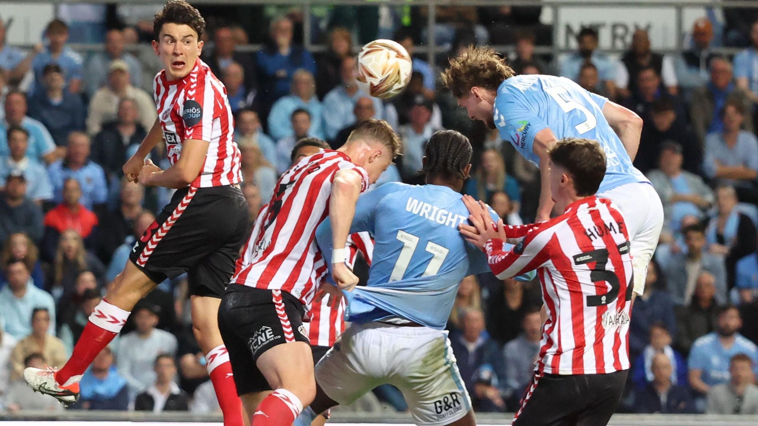 Jack Rudoni heads Coventry City's equaliser against Sunderland