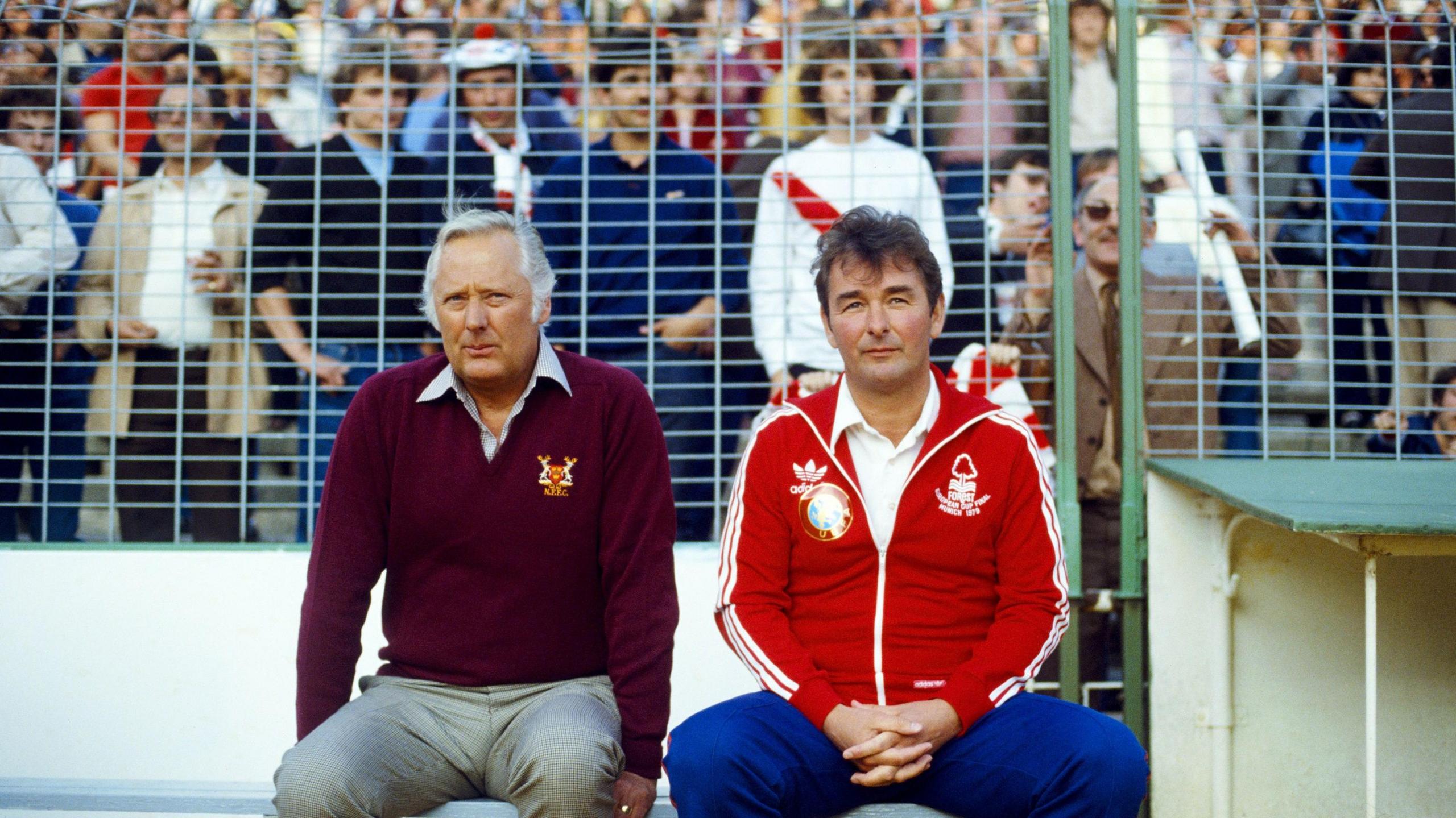 Brian Clough (right) sits with Peter Taylor on Nottingham Forest's bench in the 1980 European Cup final