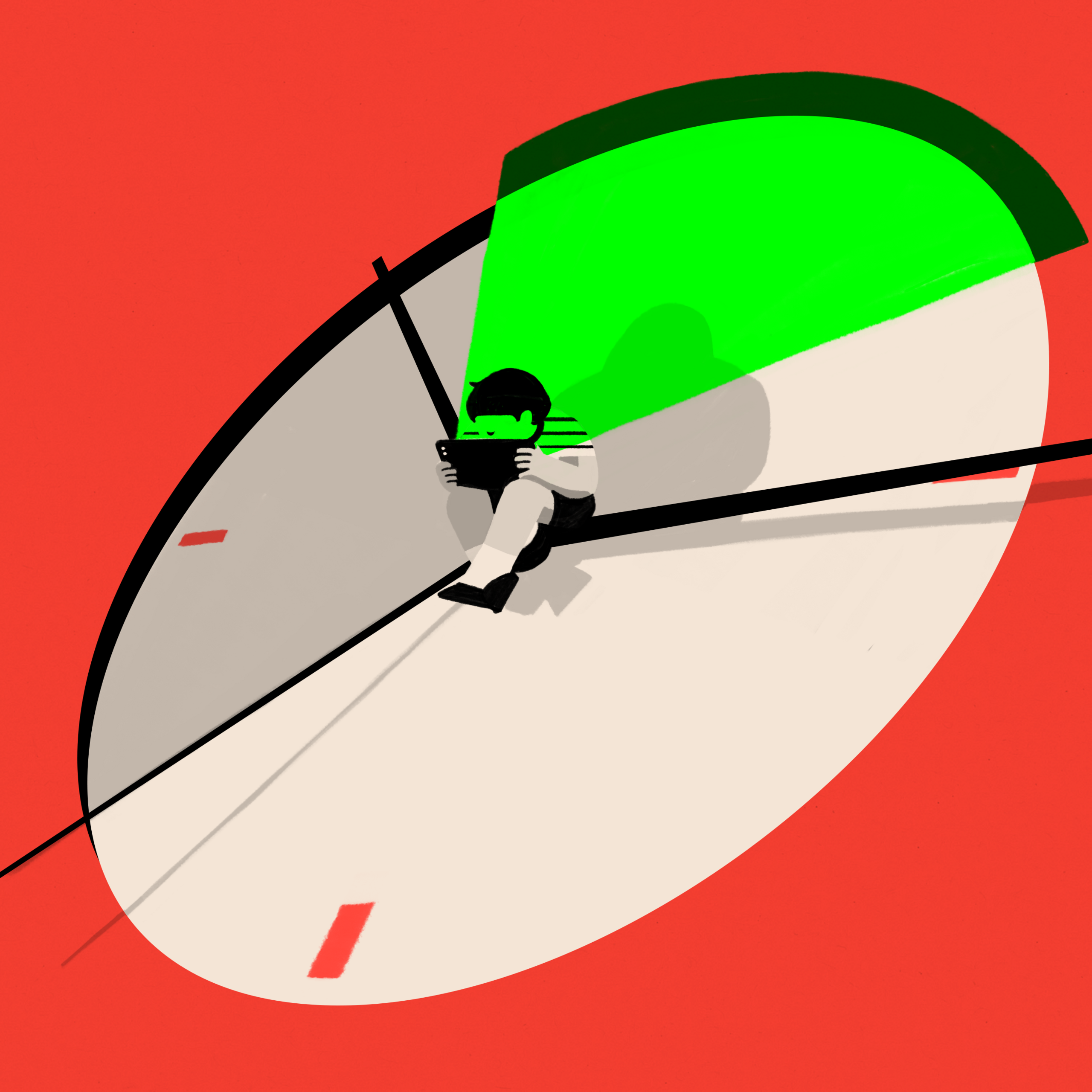 An illustration of a child in a clock, with a tablet held to their face