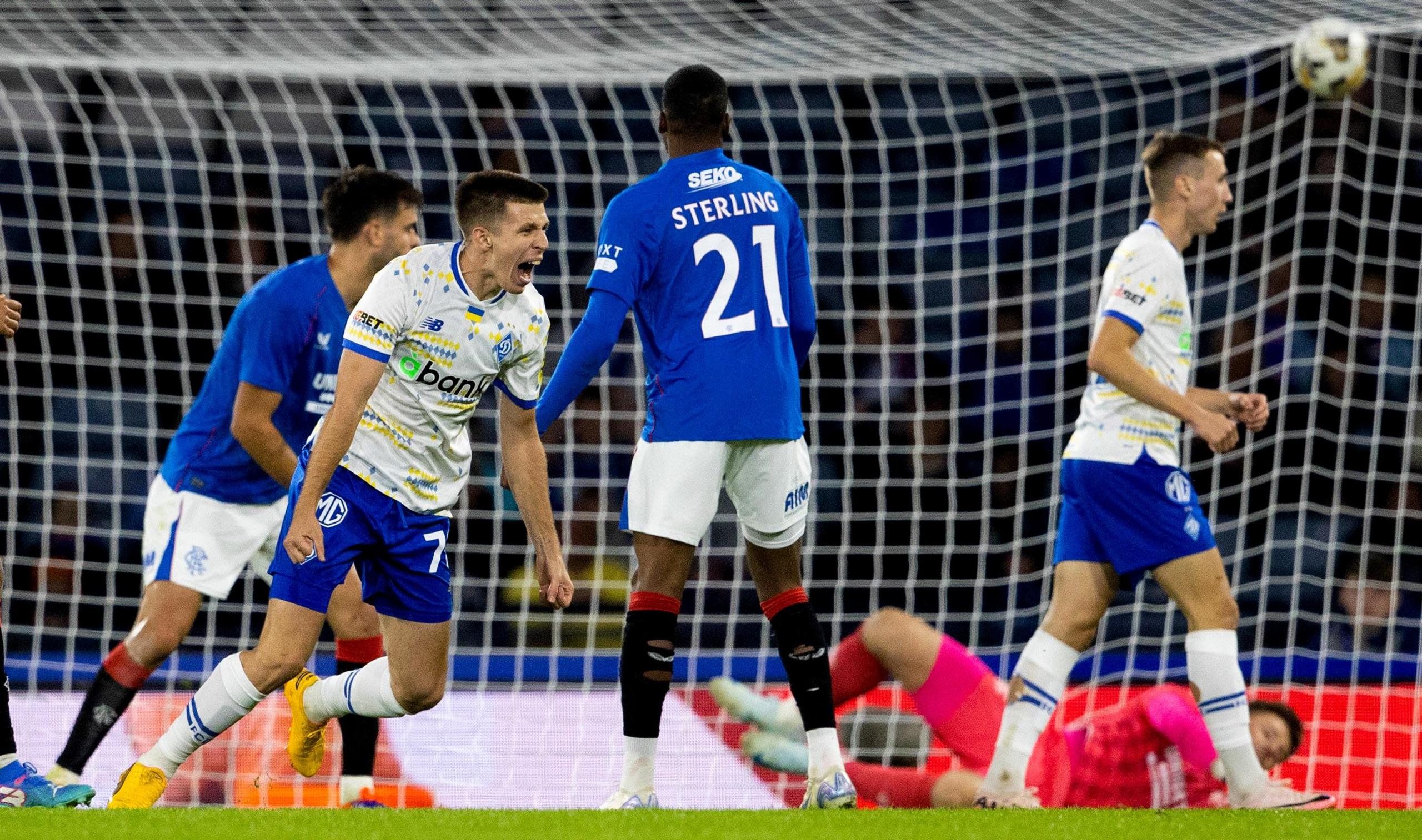 Dynamo's Oleksandr Pikhalonok celebrates making it 1-0 during a UEFA Champions League Qualifier 2nd Leg match between Rangers and Dynamo Kyiv at Hampden Park