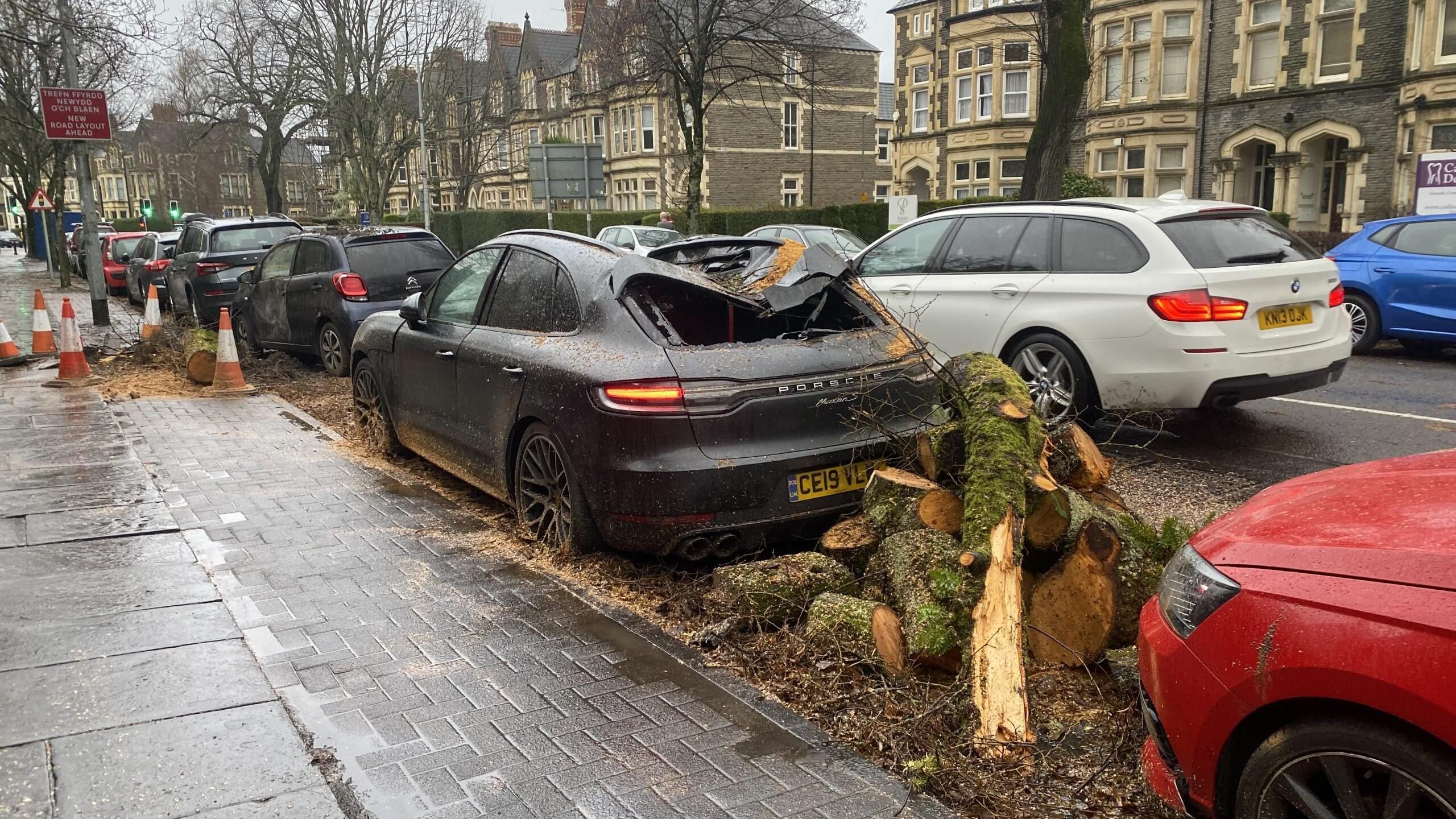 A Porsche SUV parked on a residential street with it's roof smashed in and trees piled up on the pavement beside the car