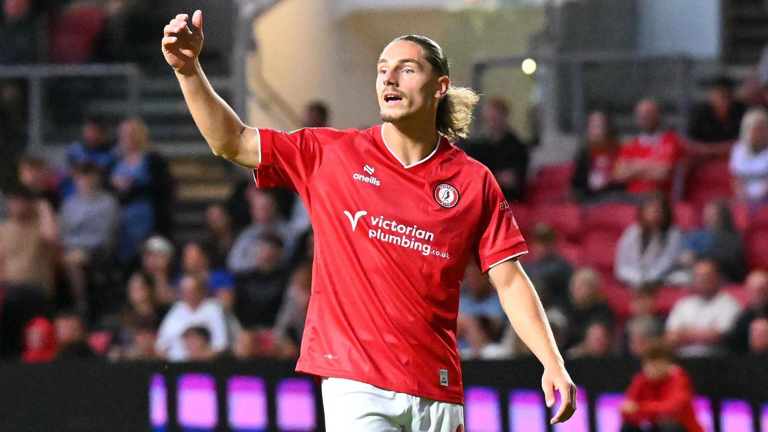 Lorent Tolaj gestures for the ball during Bristol City's Carabao Cup game against Walsall
