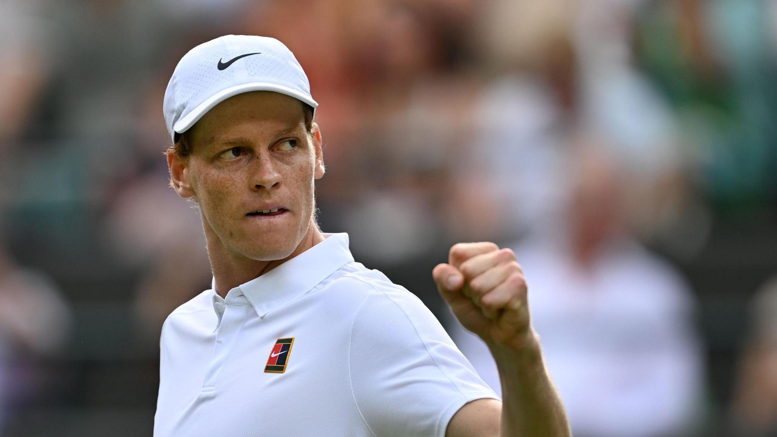 Jannik Sinner celebrates during his Wimbledon quarter-final against Ben Shelton
