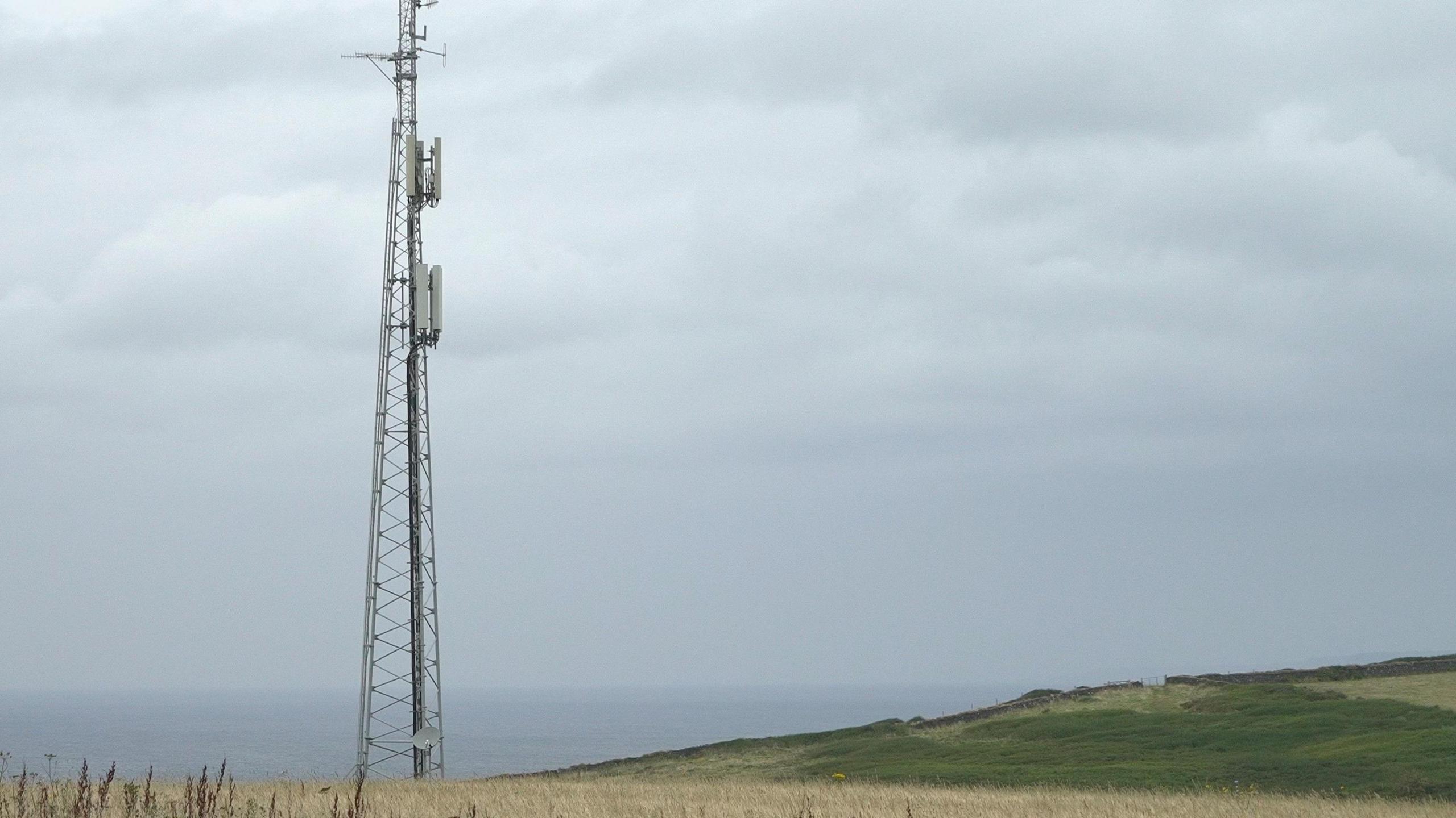 The mobile phone mast for Boscastle - it is a tall metal structure shown standing on fields with the sea in the background