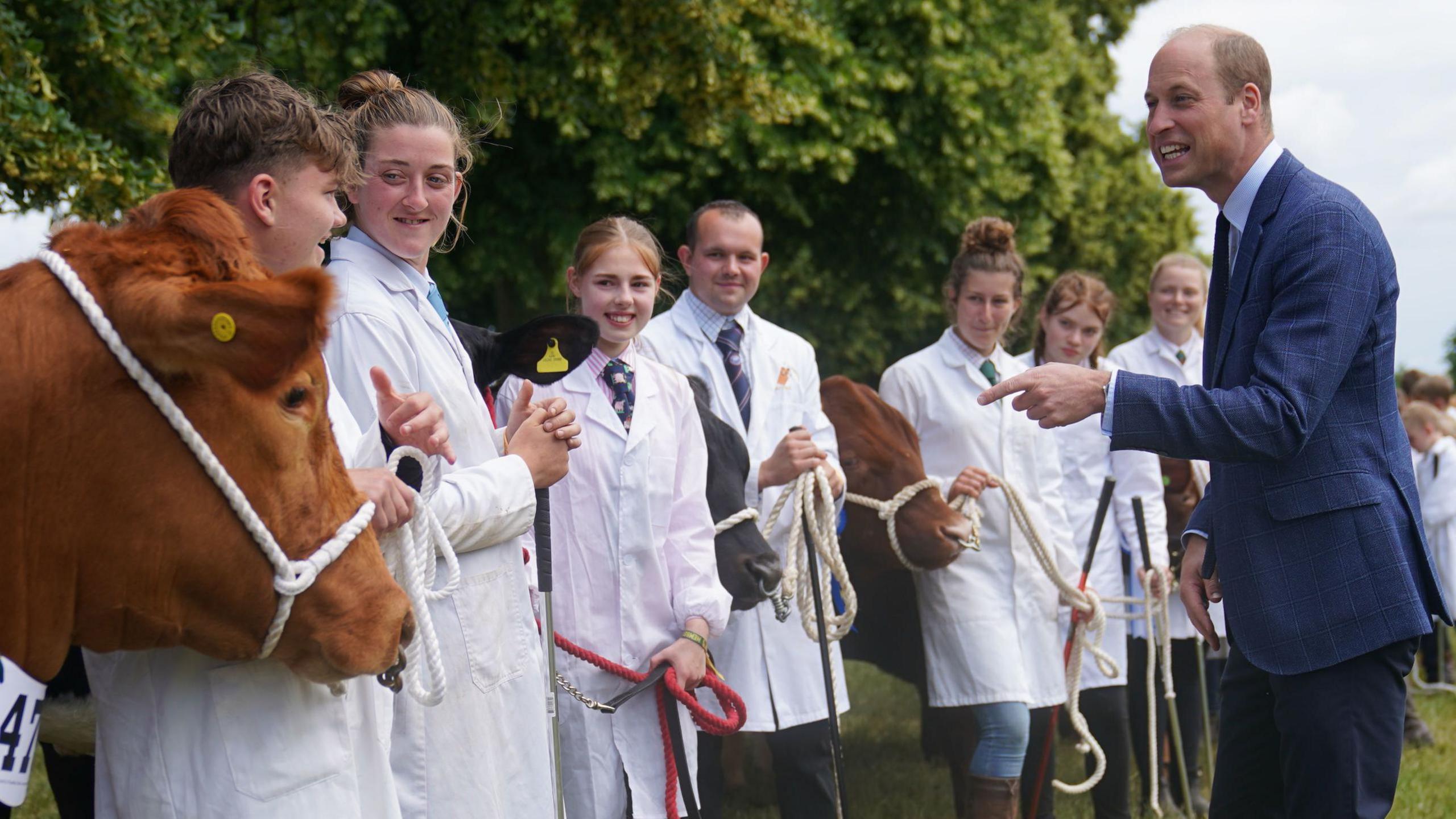 Prince William wearing a navy suit standing outside in a field at the Royal Norfolk Show pointing at a brown cow. A group of people wearing white lab coats over shirts and ties line up next to the cow.