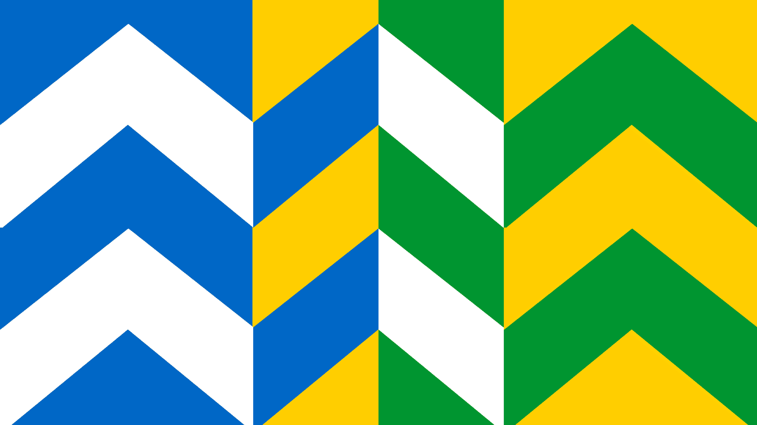 Chevron patterns in alternating colours. Some are blue and white, others blue and yellow, white and green, and green and yellow.