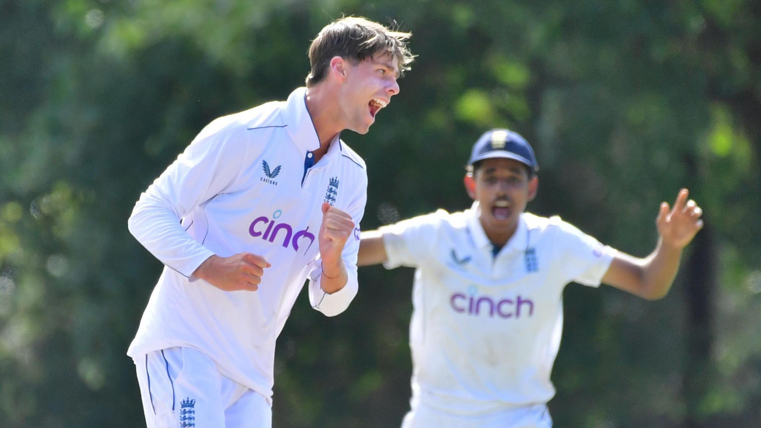 Archie Vaughan celebrates taking a wicket for England U19s