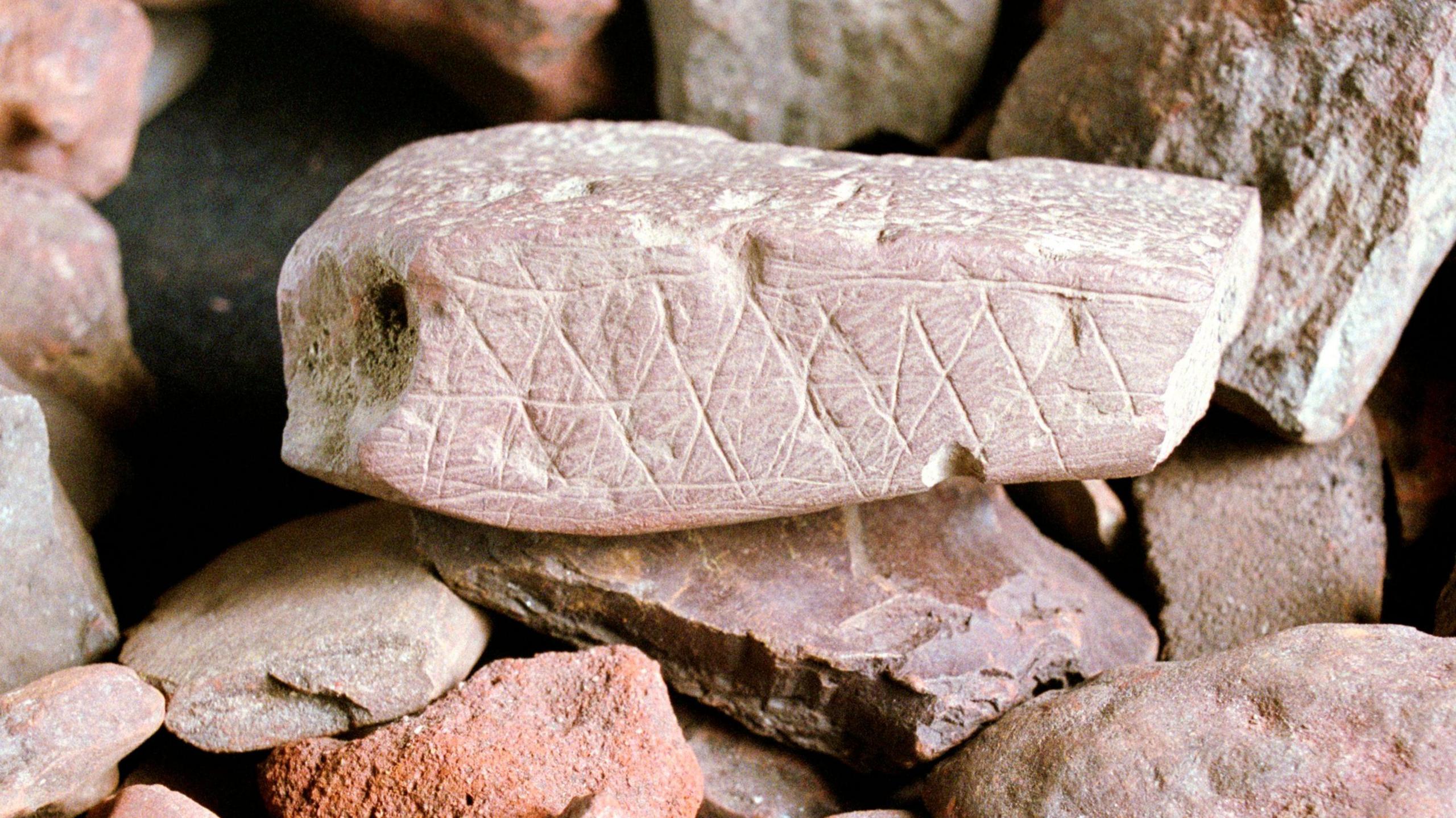 Close-up of a collection of ochre (haematite, iron oxide) fragments found during excavations at the Blombos cave site in South Africa