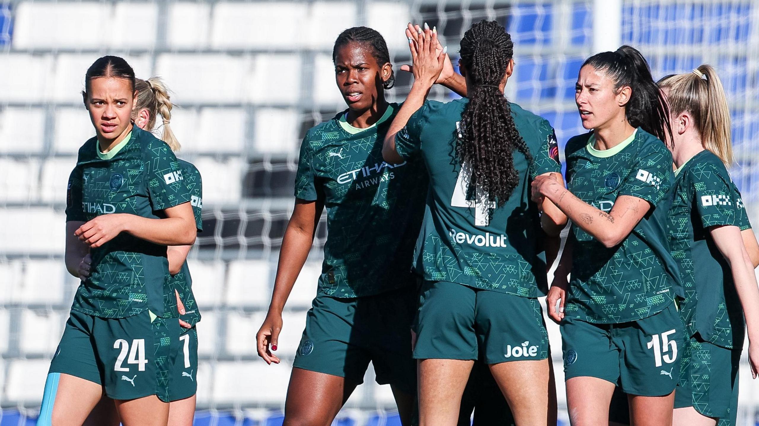 Manchester City celebrate after Khadija Shaw scores against Birmingham City