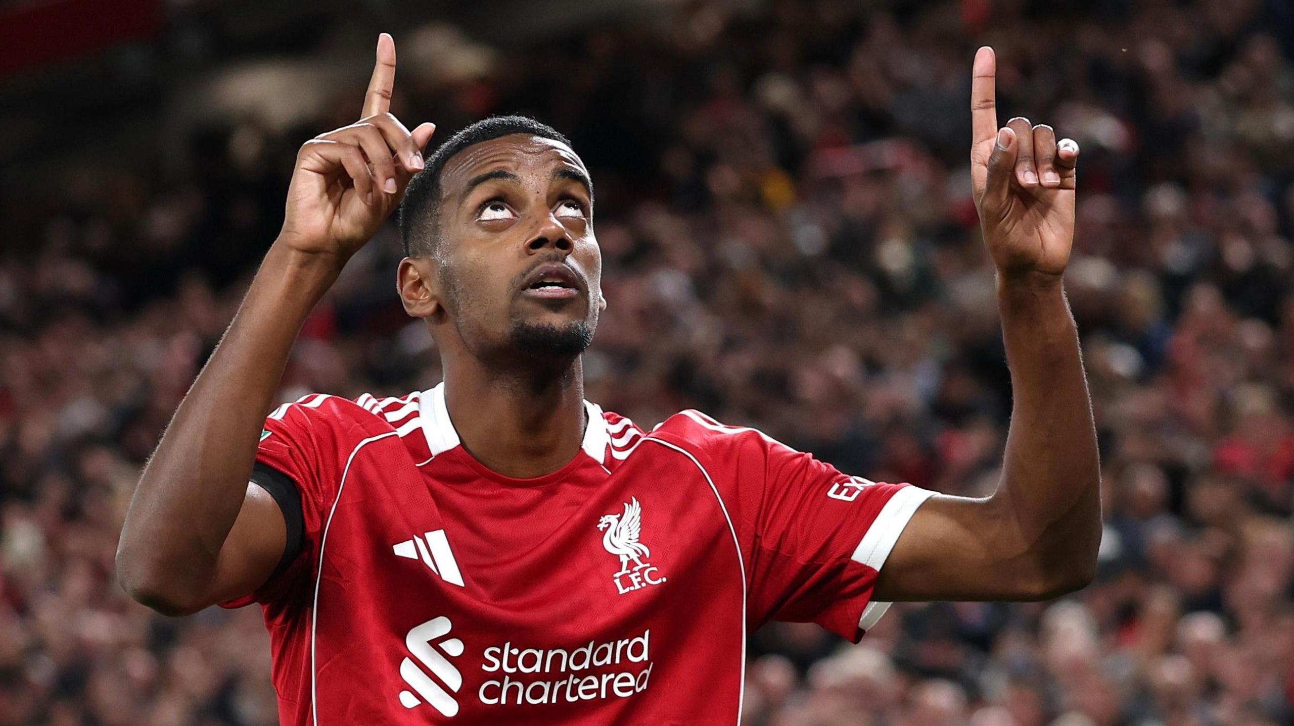 Alexander Isak celebrates scoring first goal for Liverpool in Carabao Cup