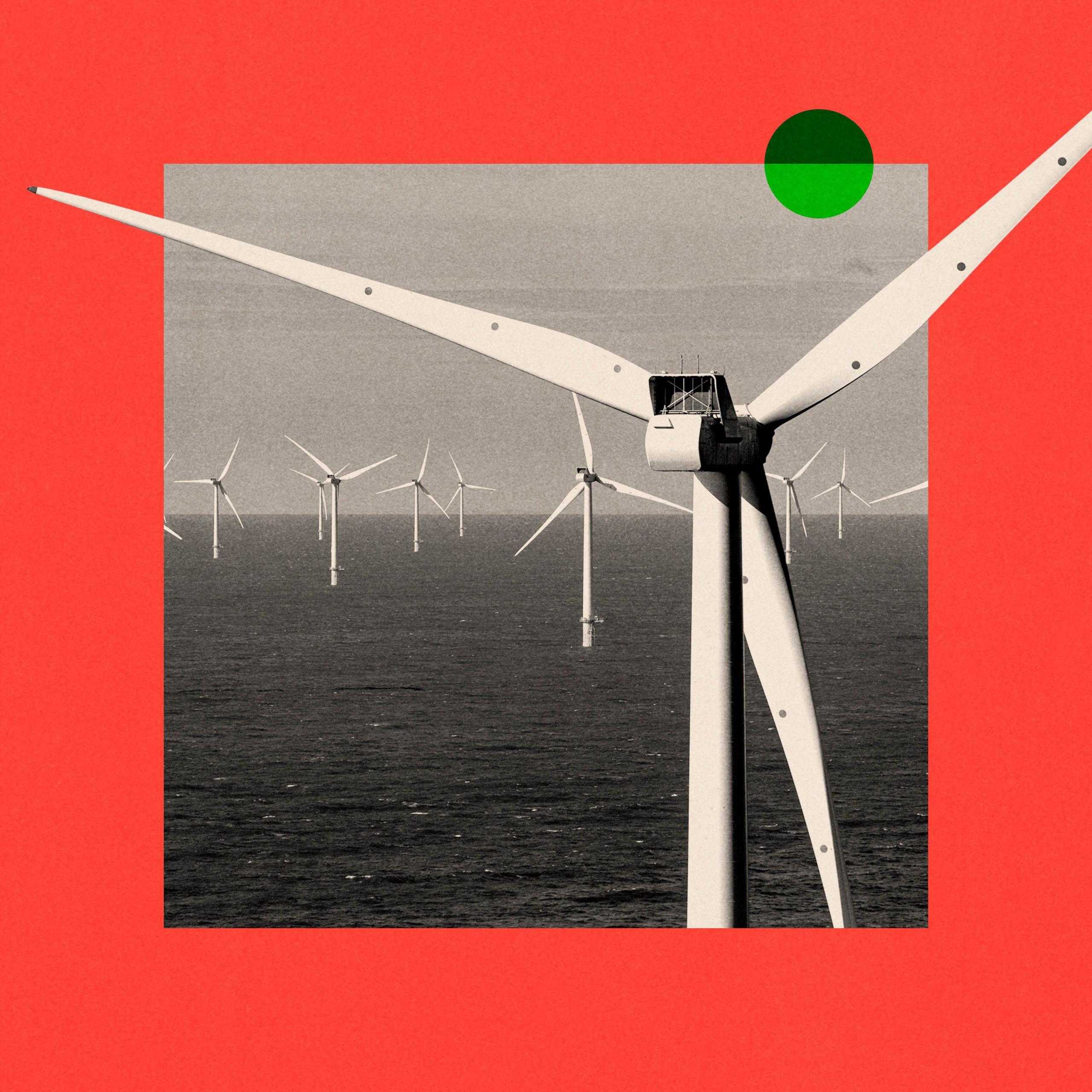 A treated image of multiple offshore wind turbines