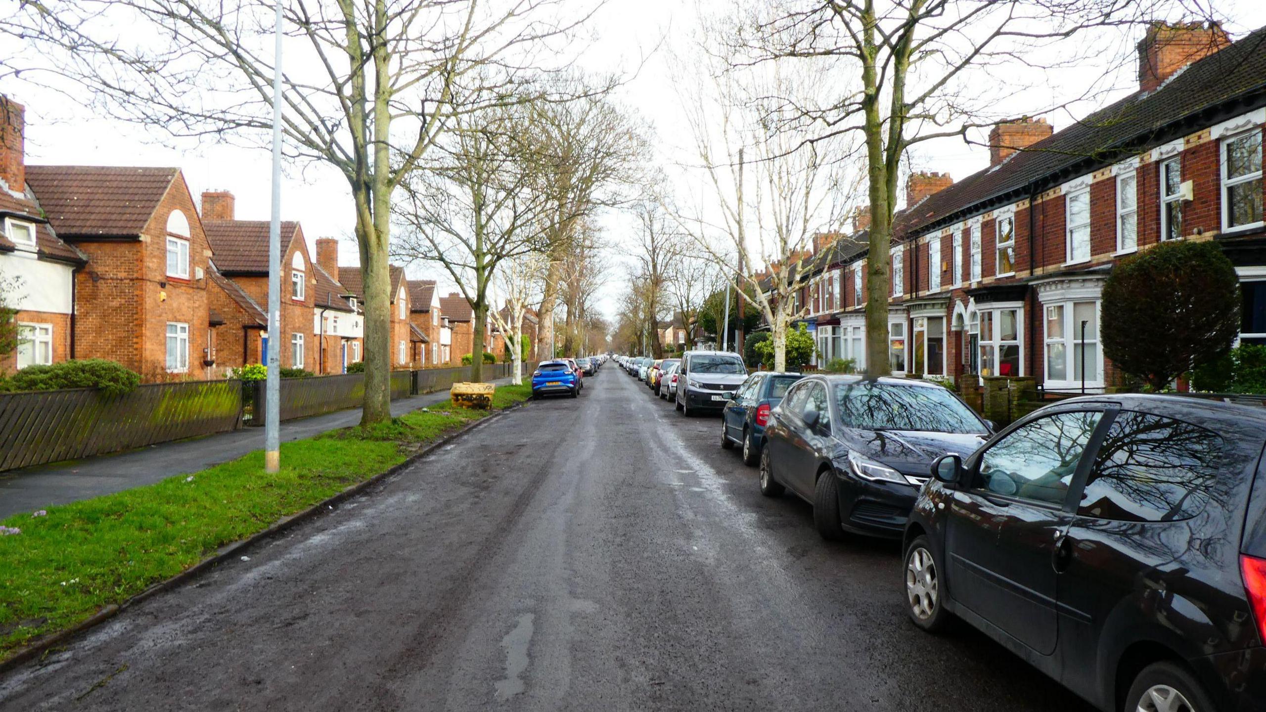 A Google streetview image of Ella Street in Hull. There are cars are parked on both sides of the road which is also lined by houses. A footpath and grass verge can be seen on the left of the image. Large trees are also scattered along the sides the road.