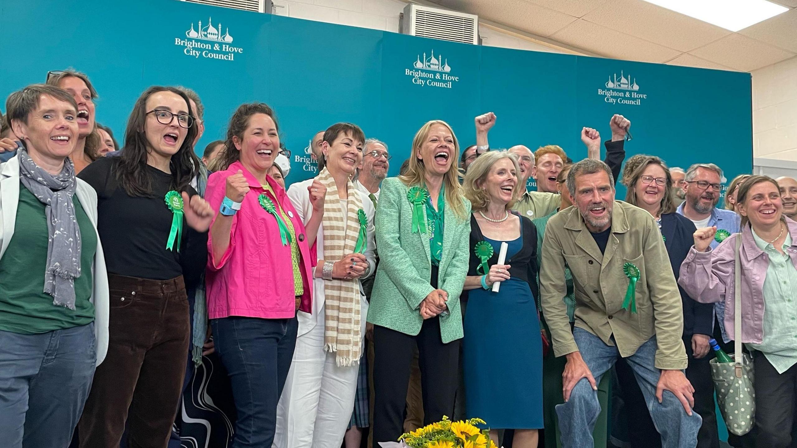 Green Party winning candidate Siân Berry and supporters celebrate winning Brighton Pavillon