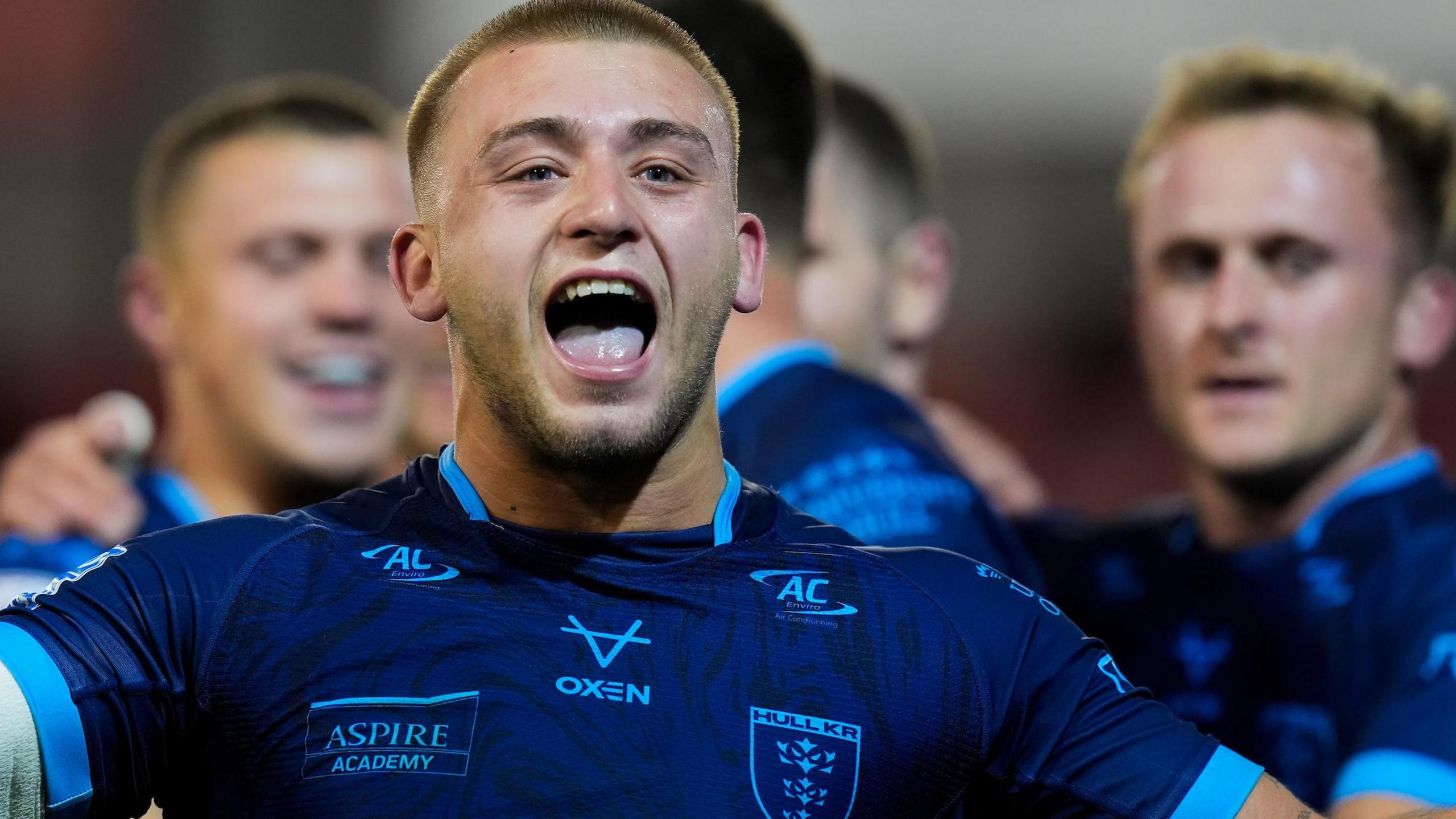 Mikey Lewis of Hull KR celebrates his second try against Leigh Leopards