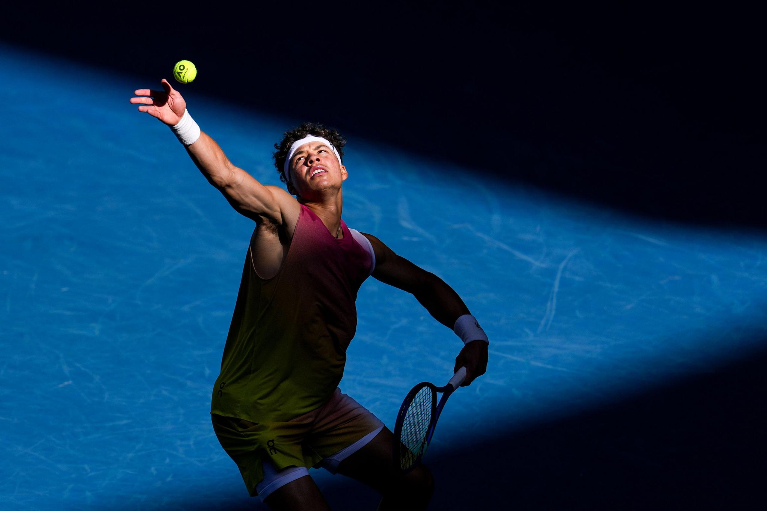 Ben Shelton of the United States serves in the Men's Singles Quarter Finals match against Lorenzo Sonego of Italy during day eleven of the 2025 Australian Open at Melbourne Park