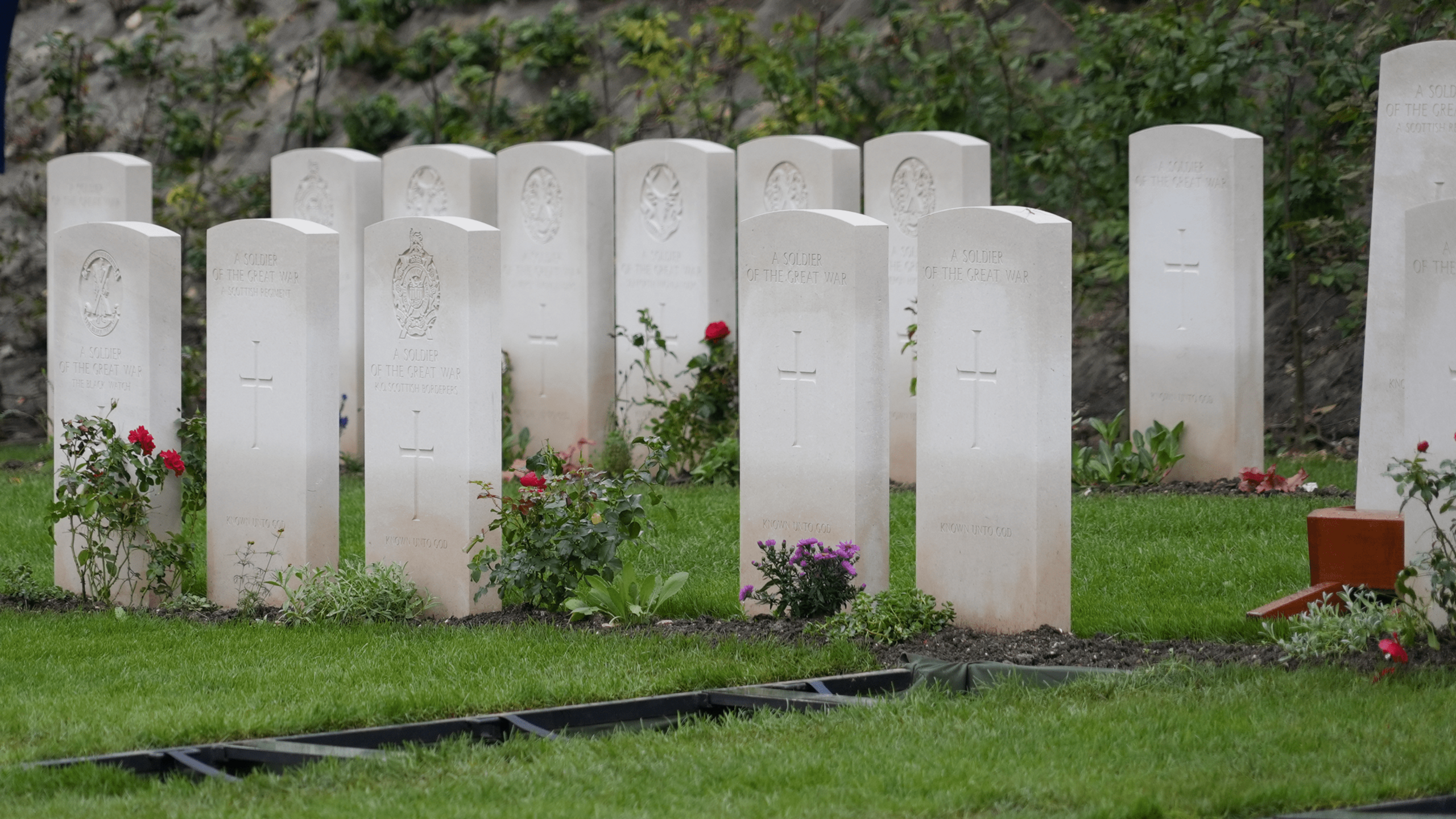 War graves and flowers at the cemetery in Loos