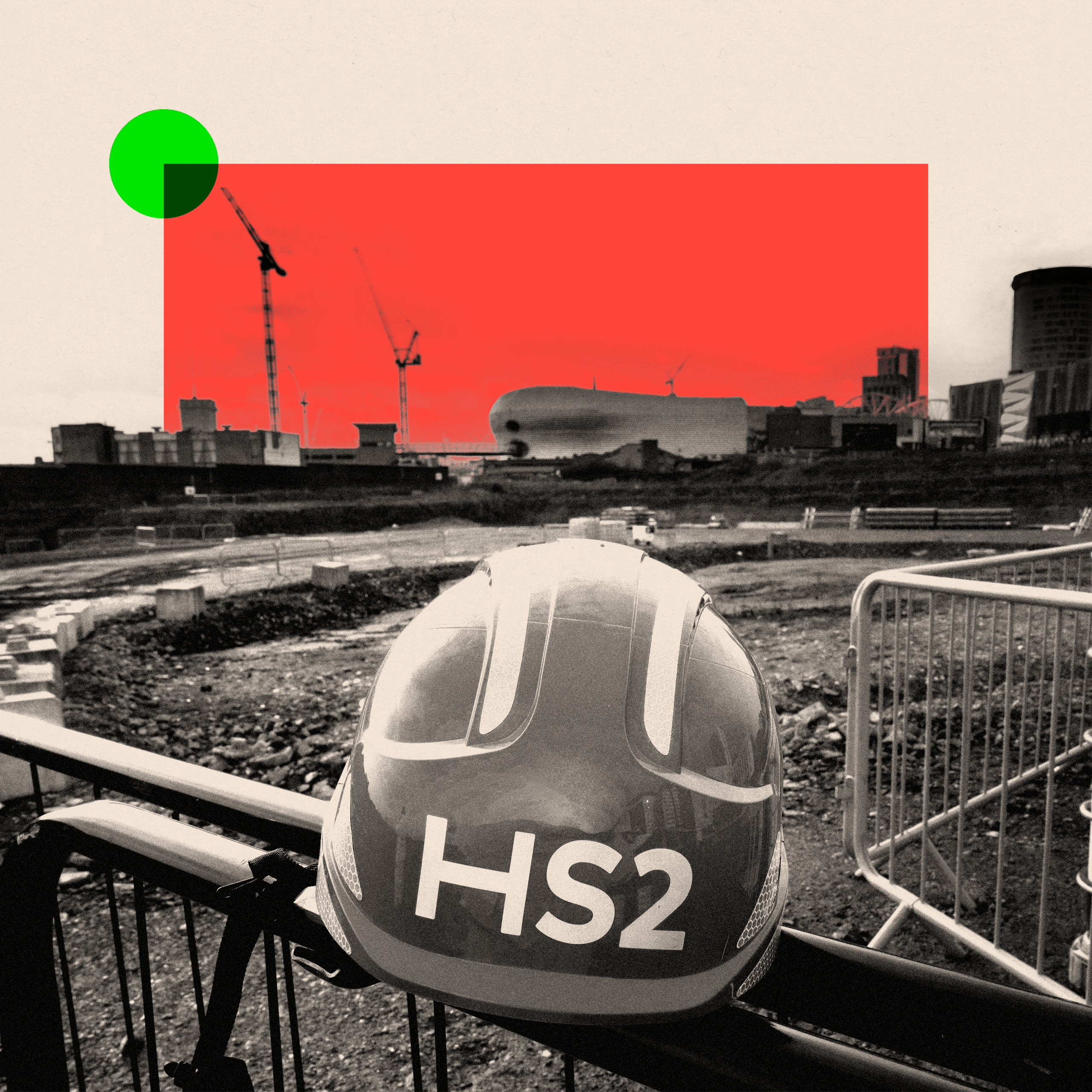 A treated image of a HS2 safety helmet as it stands at the construction site of the Birmingham High Speed 2 rail station