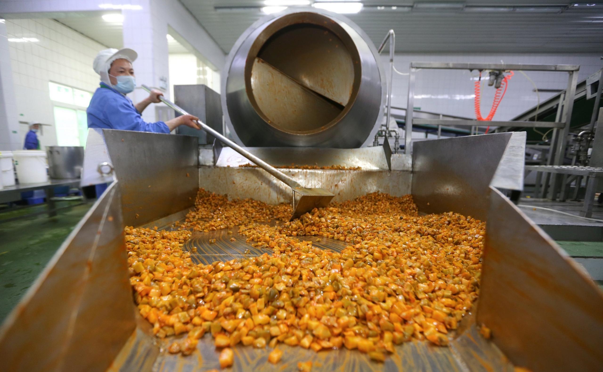 Workers work on a kimchi production line in Meishan City, southwest China's Sichuan Province, Nov. 12, 2019