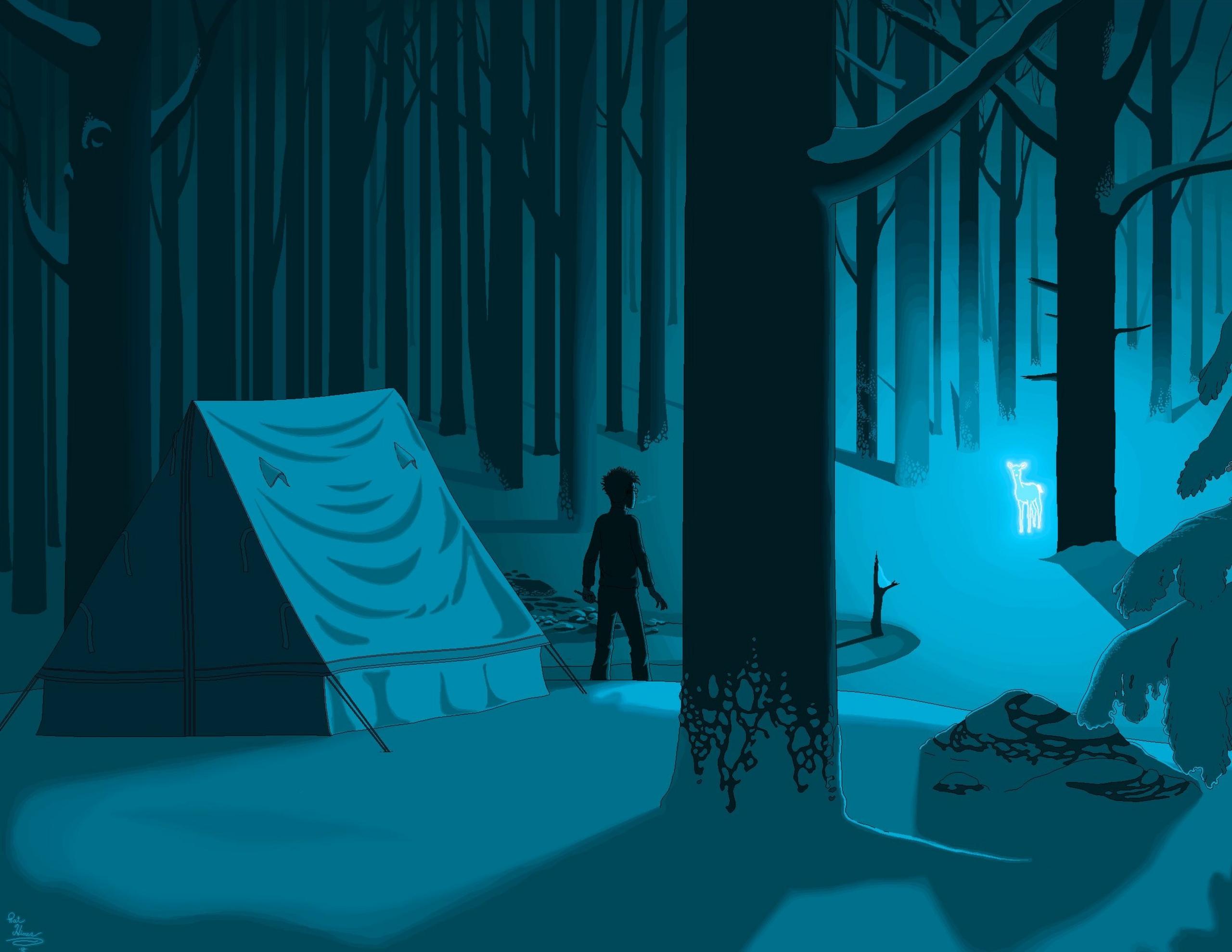 Harry Potter seen standing outside a tent in a forest at night, as a glowing Silver Doe approaches