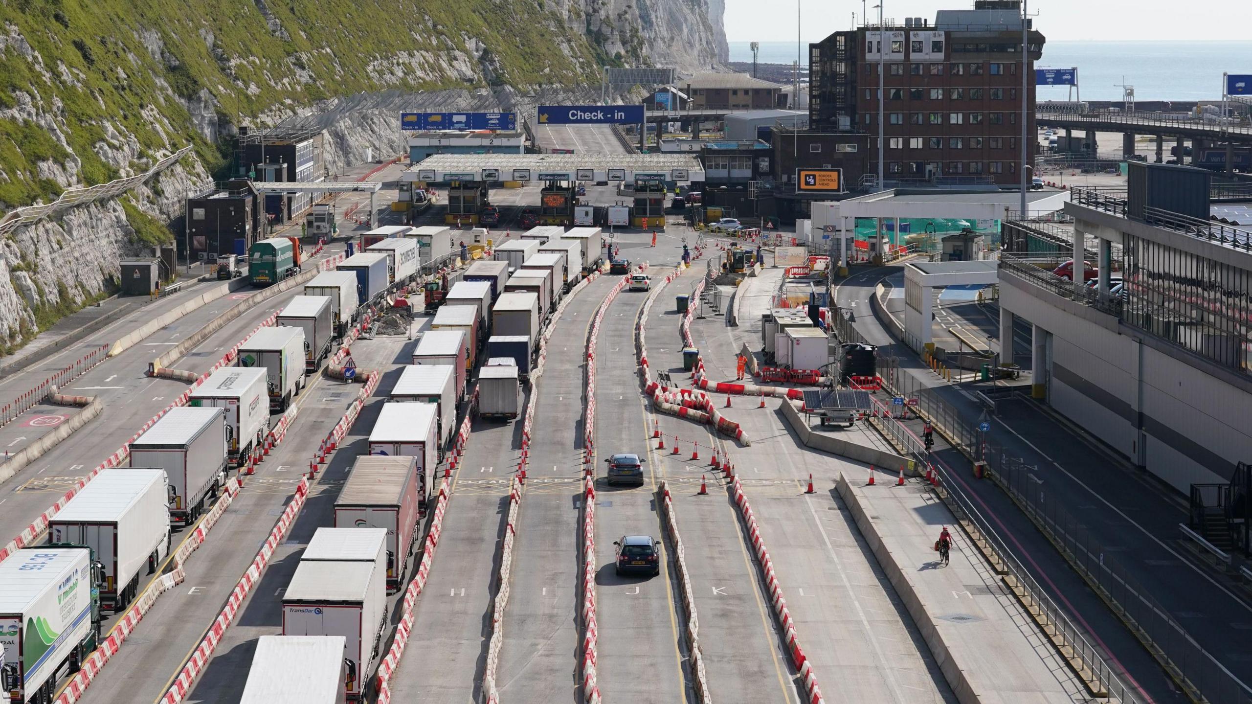 Queues of lorries at the entrance to the check-in at Port of Dover