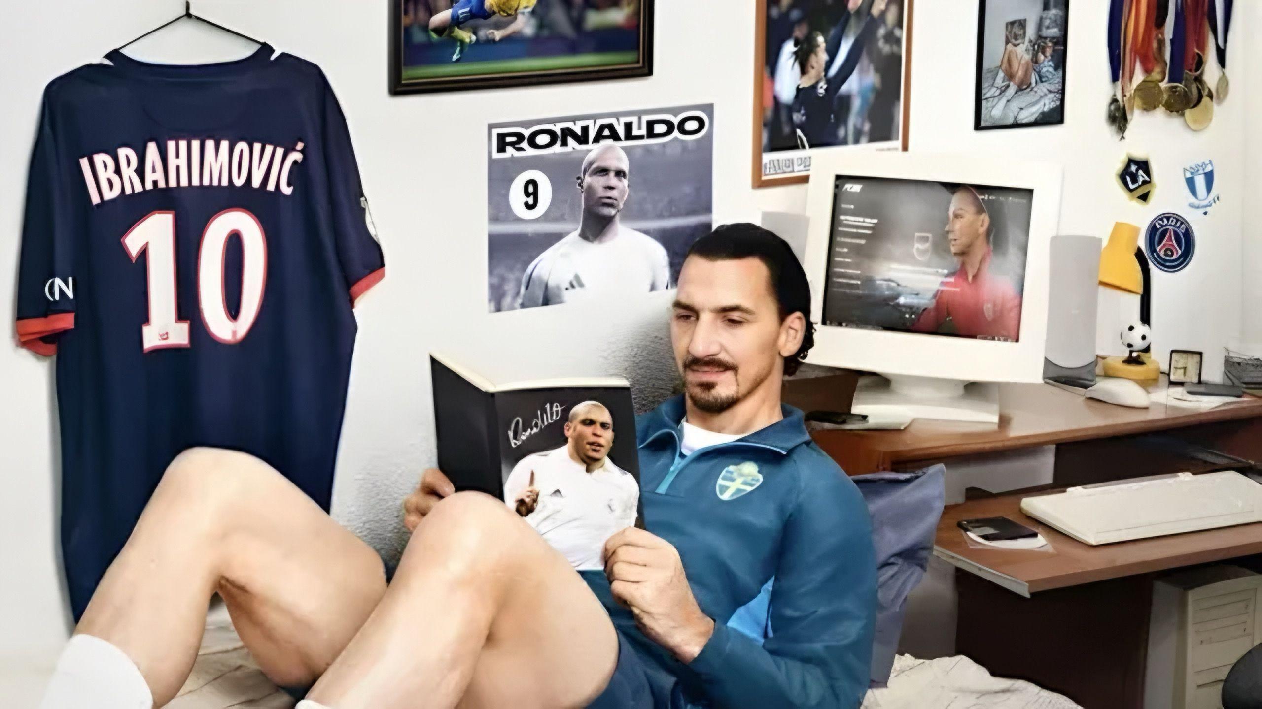 Zlatan Ibrahimović recreates a bedroom scene, showing him reading about Brazillian stroker Ronaldo with posters and his PSG football shirt on his wall.