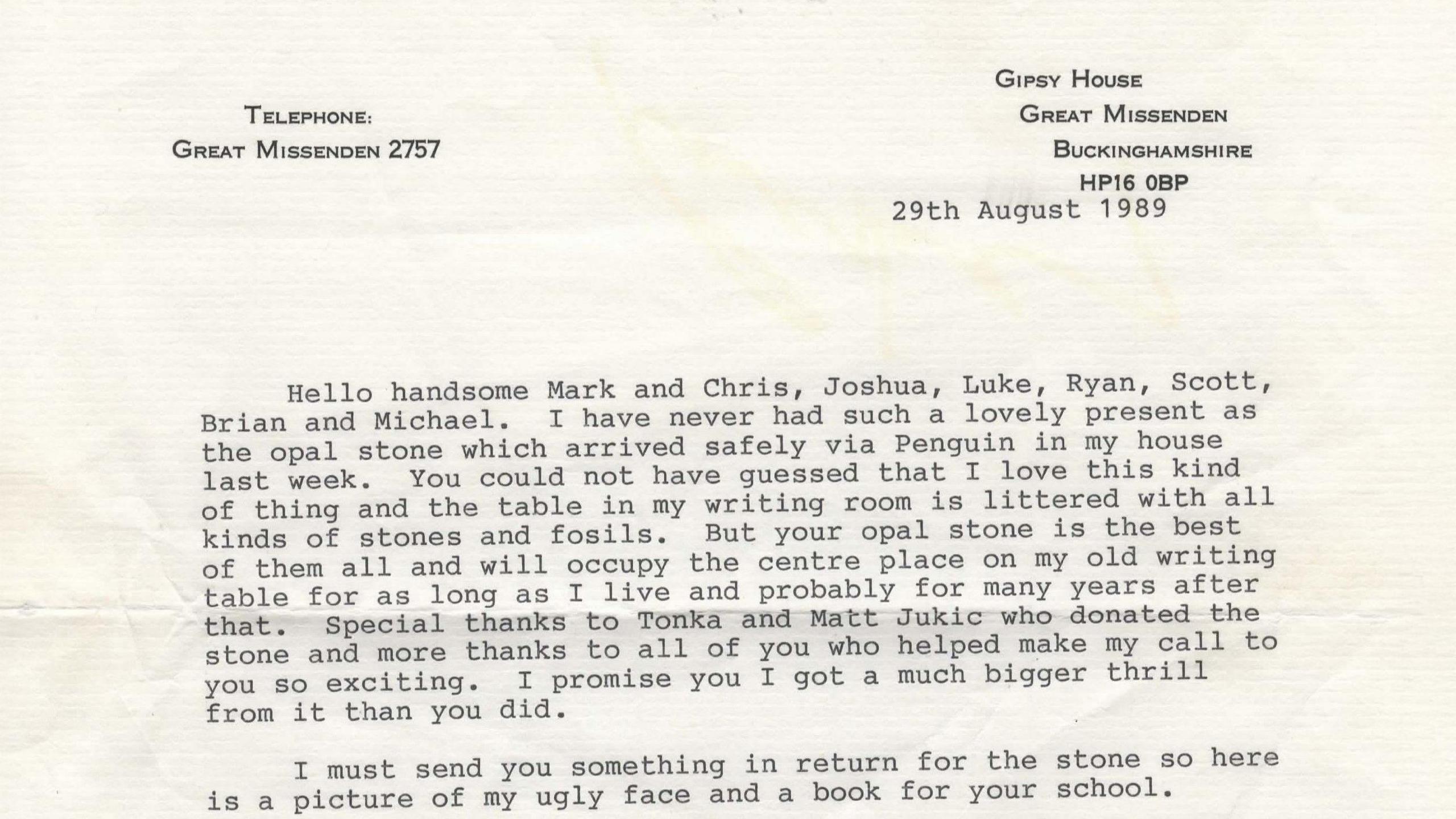 A letter from the author Roald Dahl thanking people for an opal stone they sent him