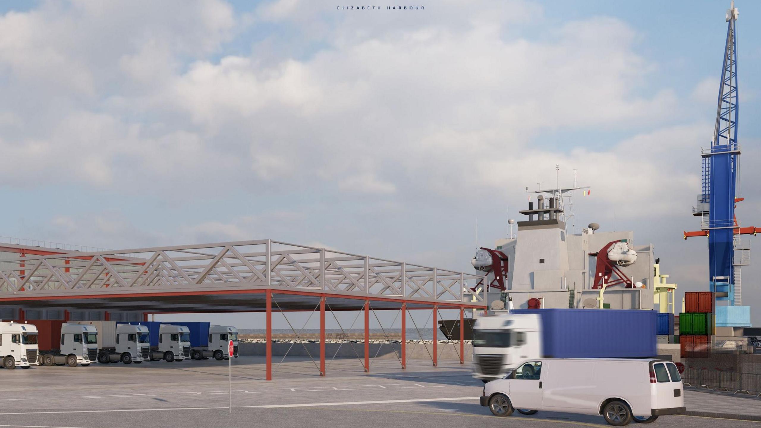 An artist's impression of a new freight handling area, with a variety of lorries parked under a flat metal roof. A blue crane stands at the side of the image.